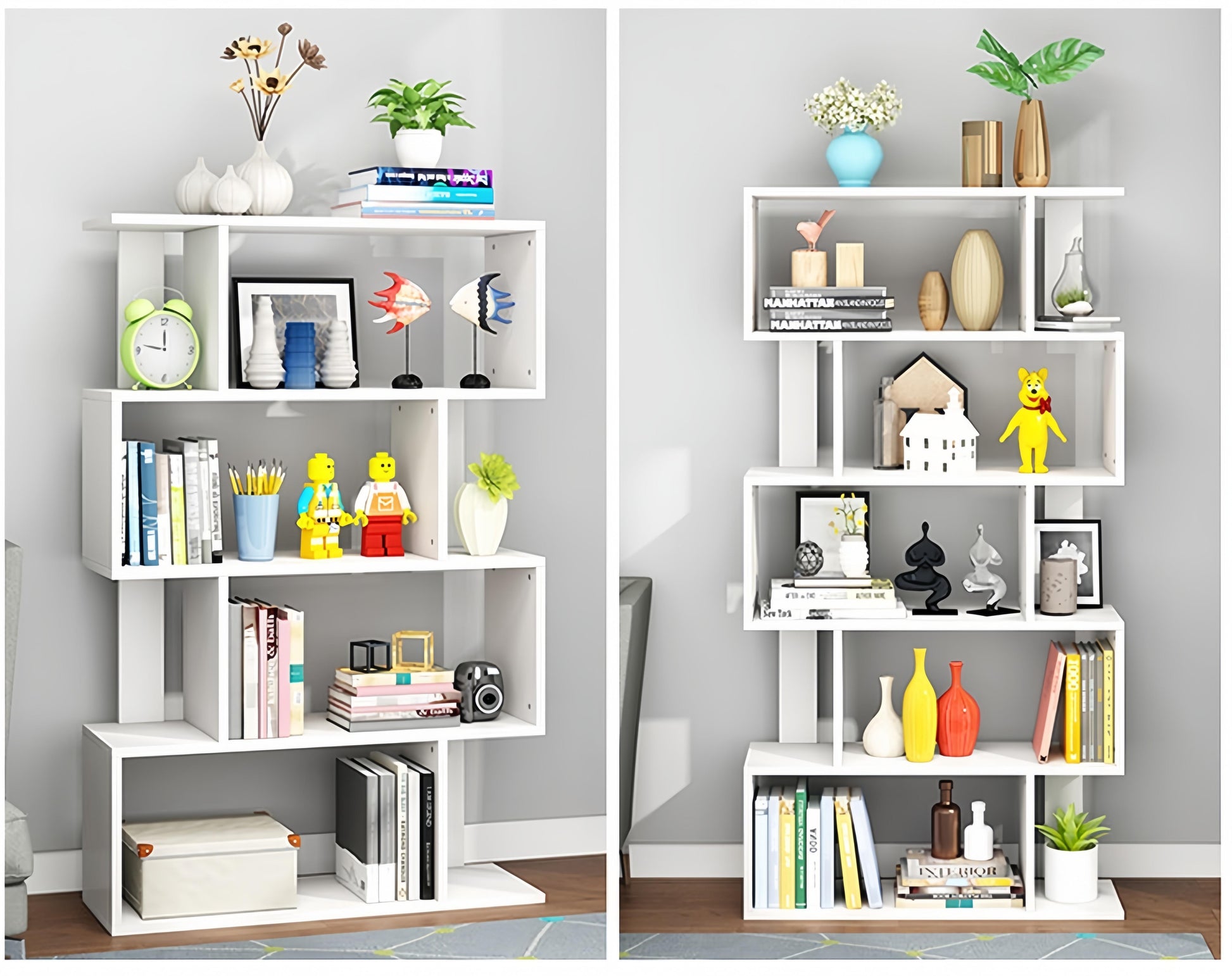 Dfw 4 Tier Storage Shelf S Shaped Bookcase, Multifunctional Wooden Display Decor Furniture, Free Standing Industrial Storage Rack For Living Room Bedroom Office, Modern 4 Shelf Bookcase 1 White 4
