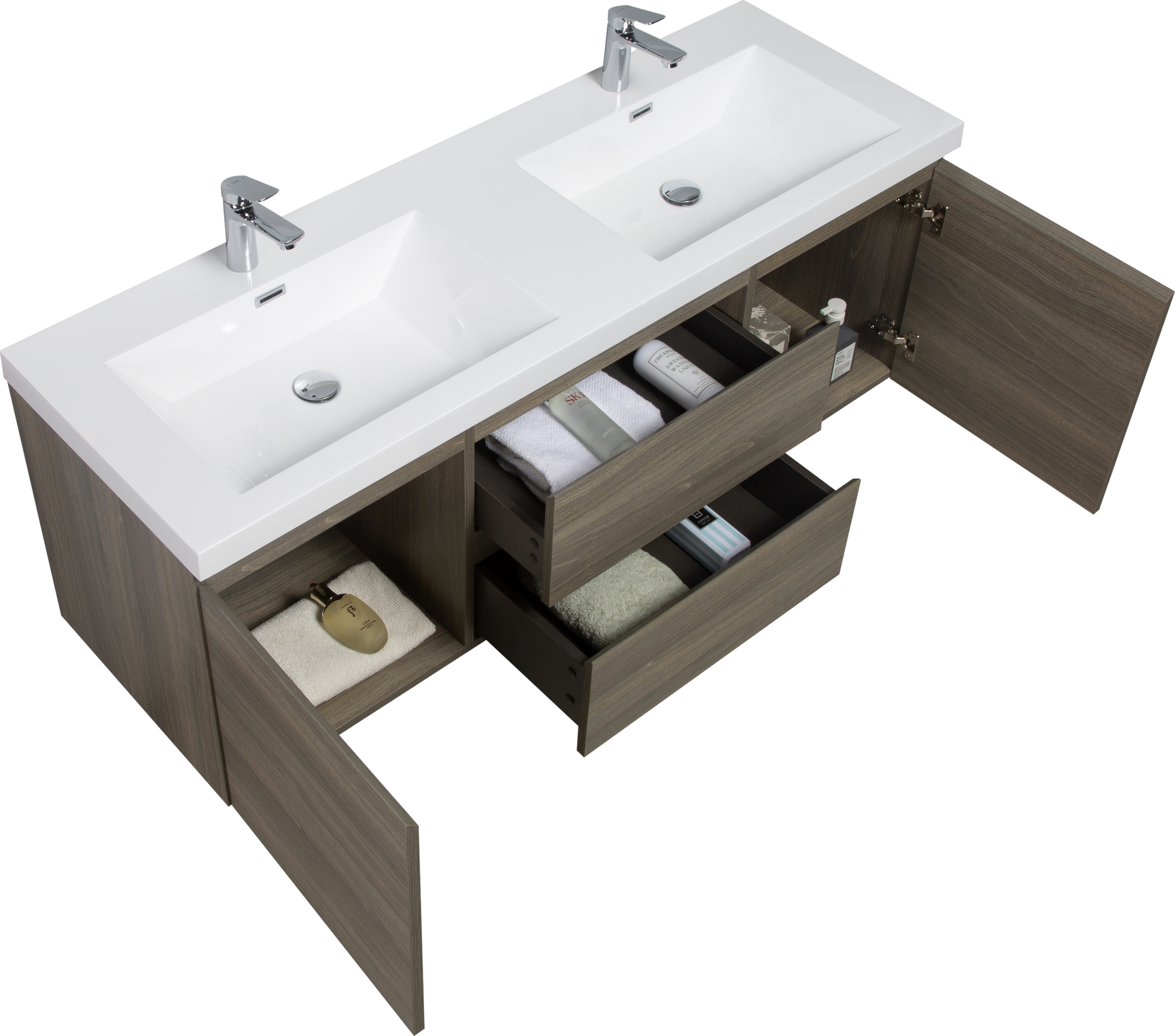 60" Floating Bathroom Vanity With Sink, Modern Wall Mounted Bathroom Storage Vanity Cabinet With Double Resin Top Basins And Soft Close Drawers, Ash Grey 24V11 60Dag 2 Grey 2 Bathroom Wall Mounted Plywood