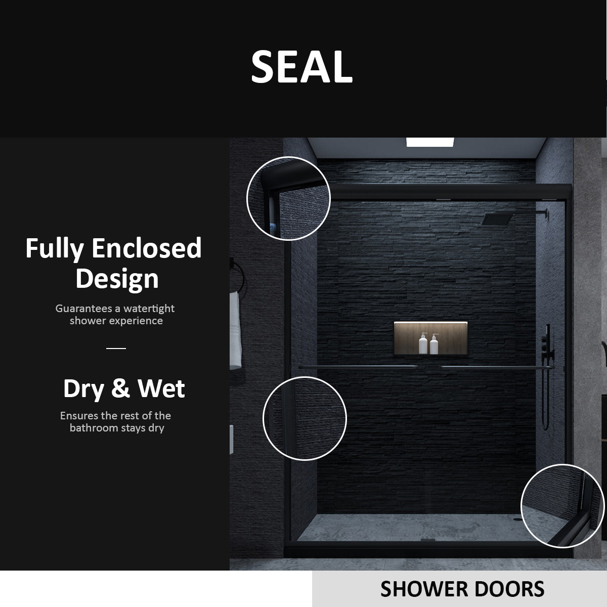 Semi Frameless Sliding Shower Door 56 60 In. W X 72 In. H, Bathroom Sliding Door With 5 16" Clear Tempered Glass, Matte Black Finish, Designed For Smooth Door Closing Matte Black Stainless Steel