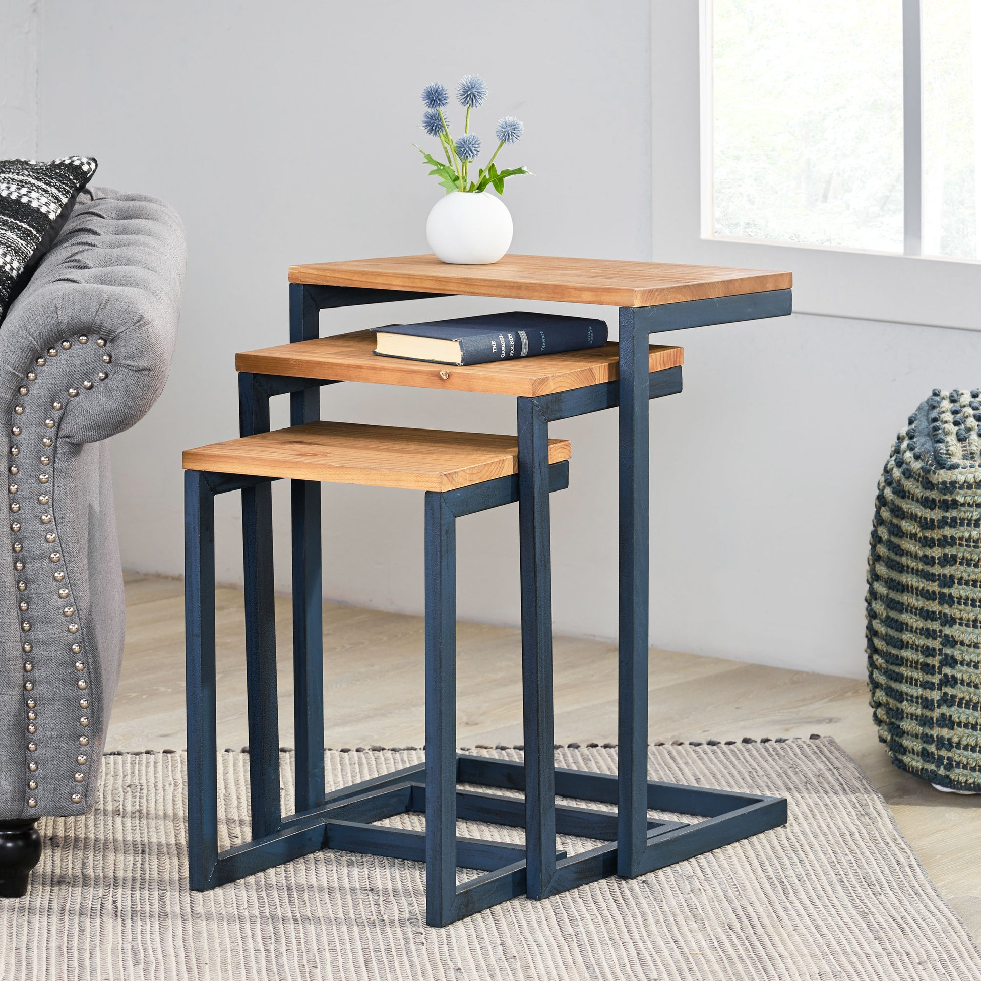 Modern Industrial Firwood Nesting Tables Set Of 3 , Antique Brown And Black With Blue Antique Brown Primary Living Space Casual,Contemporary Fir Coffee & End Tables Rectangular Wood Metal