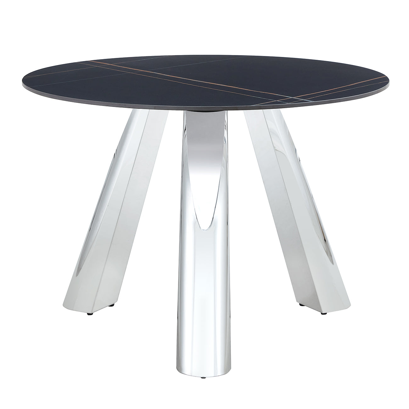 A 42 Inch Burn Stone Round Table With Stainless Steel Legs Can Accommodate 4 Or 6 Diners Black Natural Sintered Stone,Stainless Steel