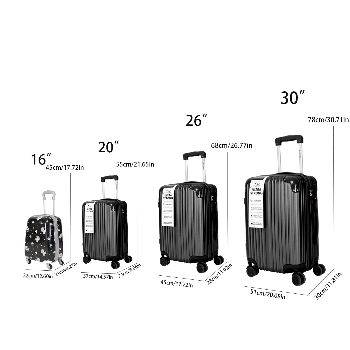 4 Piece Luggage Set, Lightweight Abs Luggage 4 Piece Set 16.20.25.29 Inches, Checked And Carry On Luggage Set, With Swivel Wheels Black Abs