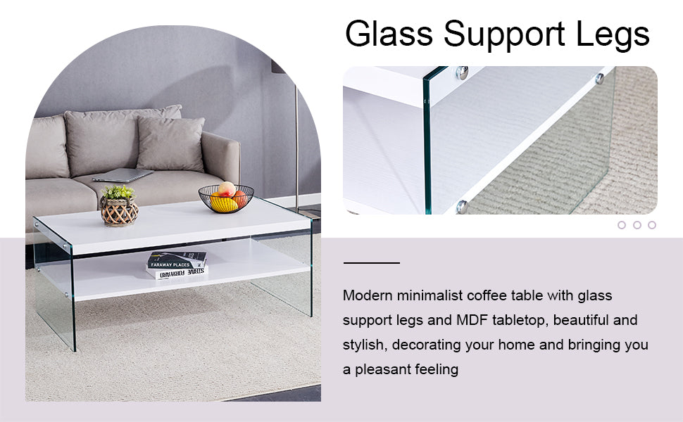 Double Rectangular Coffee Table. The Board Surface Is Mdf, With White Stickers, And Both Sides Are Transparent Tempered Glass. Suitable For Living Room, Bedroom And Other Occasions. White Mdf Glass