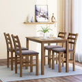 5Pcs Stylish Dining Table Set 4 Upholstered Chairs With Ladder Back Design For Dining Room Kitchen Brown Cushion And Antique Oak Oak Rubber Wood