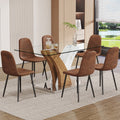 Table And Chair Set.Modern Dining Table, Tempered Glass Countertop With Artistic Mdf Legs.Paried With 6 Brown Chairs With Soft Linen Fabric Cushions And Black Metal Legs.Suitable For Various Styles. Black Brown,Transparent Seats 6 Mdf Metal