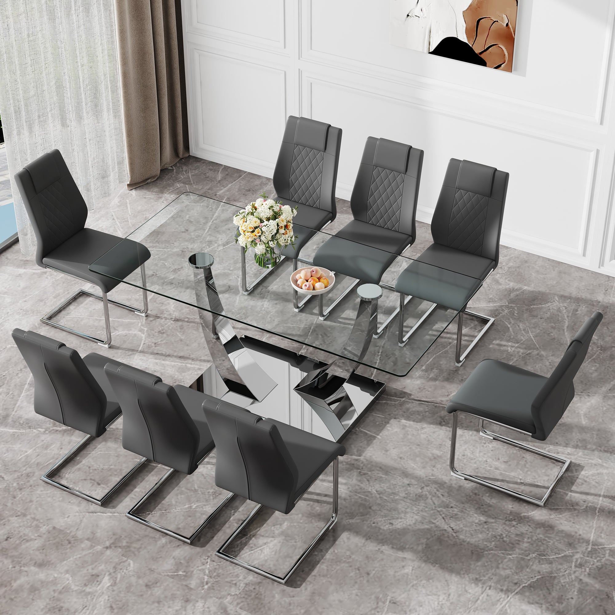 Table And Chair Set.Contemporary, Minimalist Rectangular Dining Table Featuring A Clear Tempered Glass Top And Sleek Silver Legs. Paried With Chairs Made Of Pu Material Cushion And Silver Metal Legs. Gray Seats 8 Glass Metal