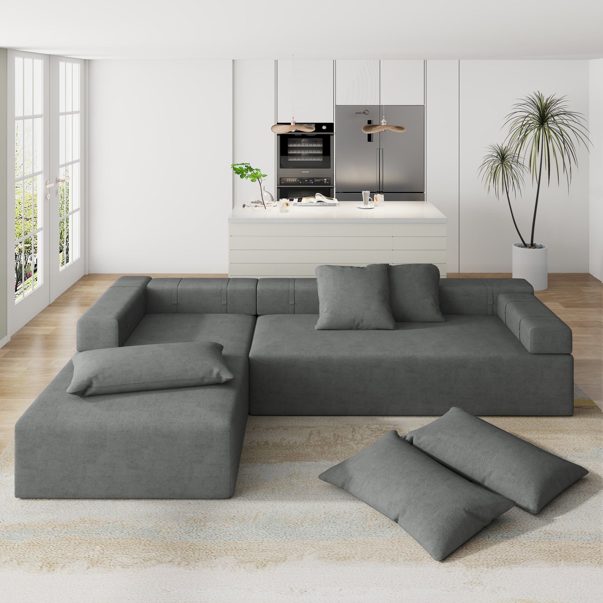 Modern Upholstered Sectional Sofa Couch Set,Modular 108" L Shaped Sectional Living Room Sofa Set With 6 Pillows,Free Combination Sofa Couch For Living Room,Bedroom Left Chaise Grey Foam Chenille 3 Seat