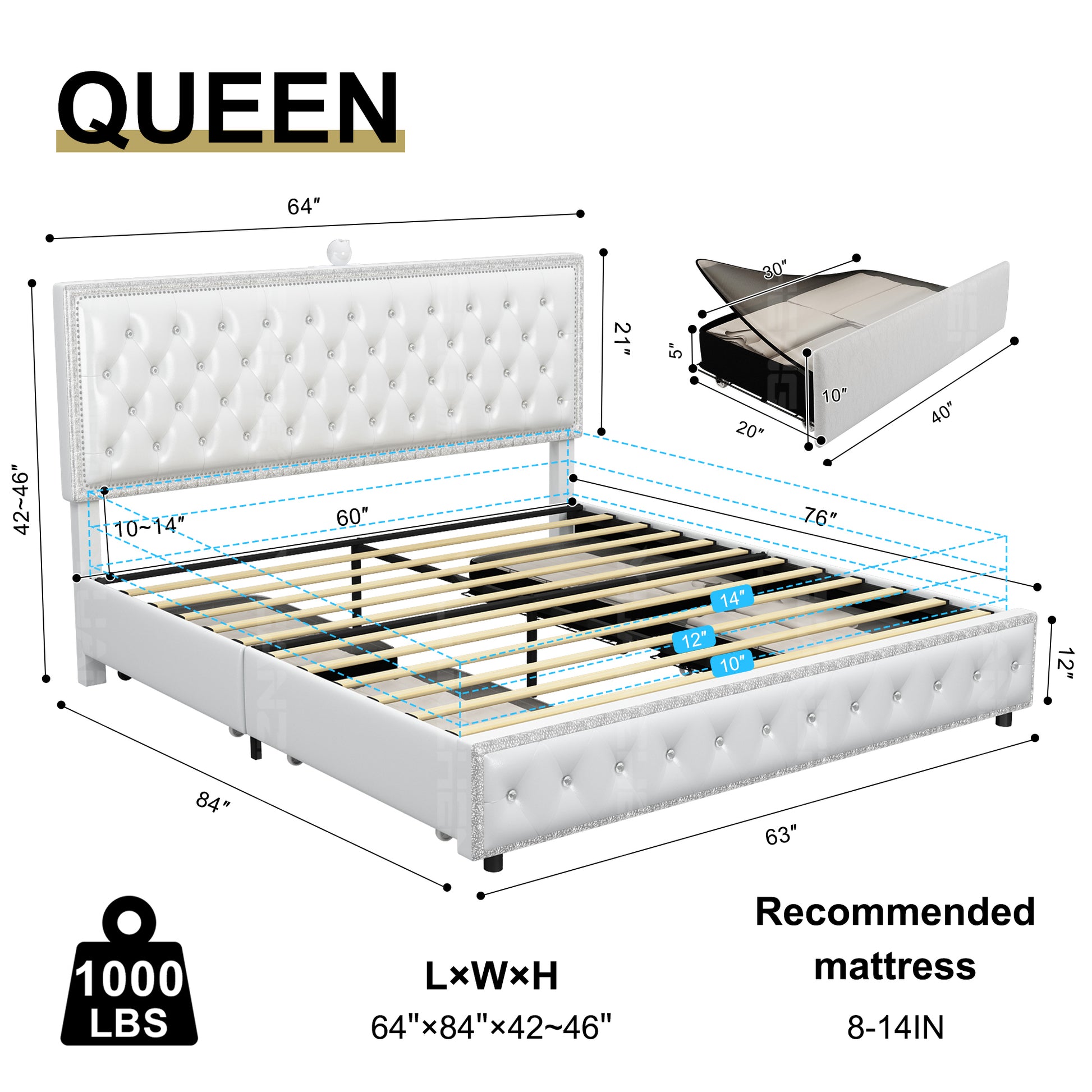 Queen Size Bed Frame With 4 Drawers, Star Galaxy Projector, Usb Charger, Music Speaker, Adjustable Upholstered Headboard With Diamond Button,Pu Leather White Pu Mdf Metal