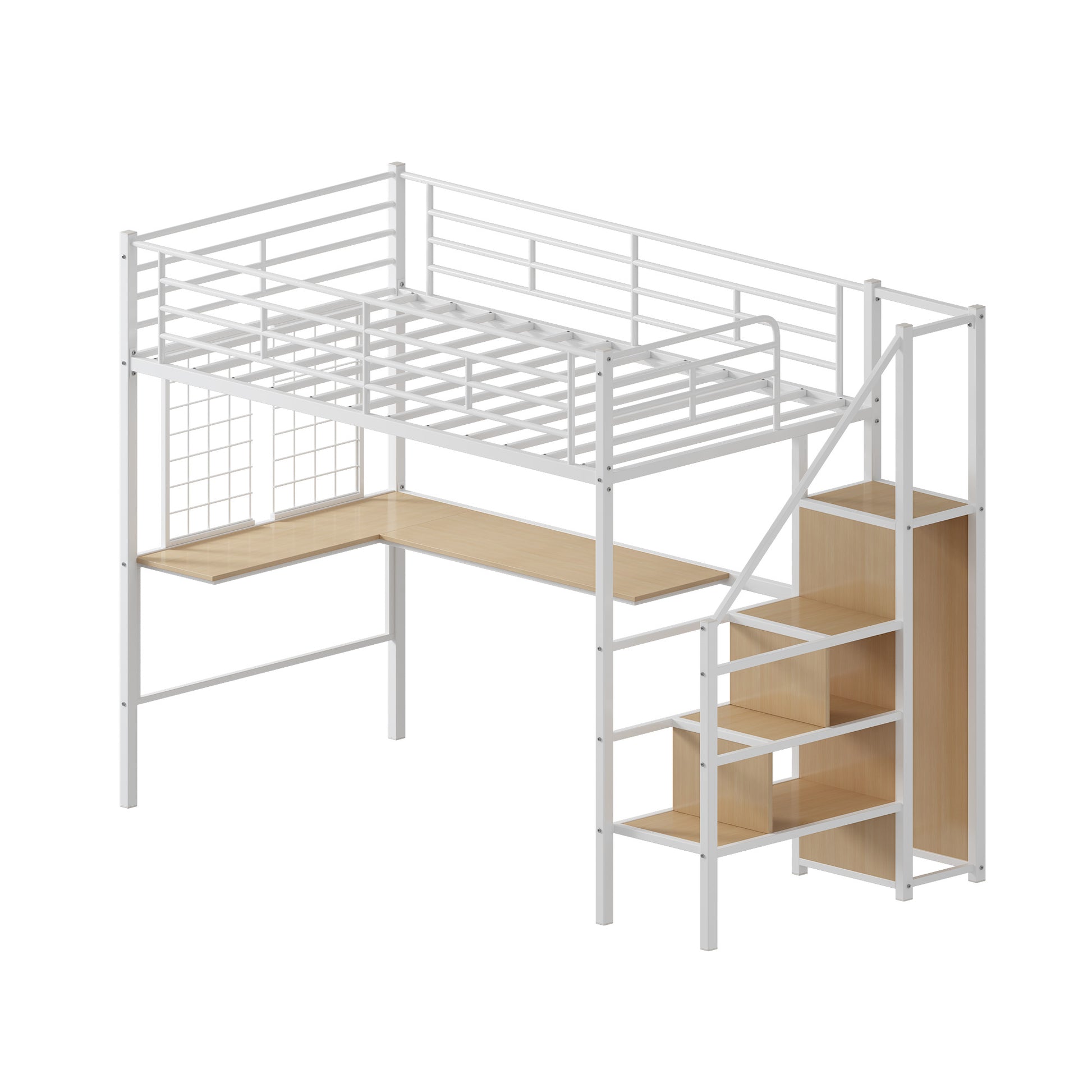 Twin Loft Bed With Desk And Storage Wardrobe, Heavy Duty Loft Bed With Stairs And Metal Grid, Twin Size Loft Bed, No Box Spring Needed, White Loft Bed Twin Size White Box Spring Not Required Twin