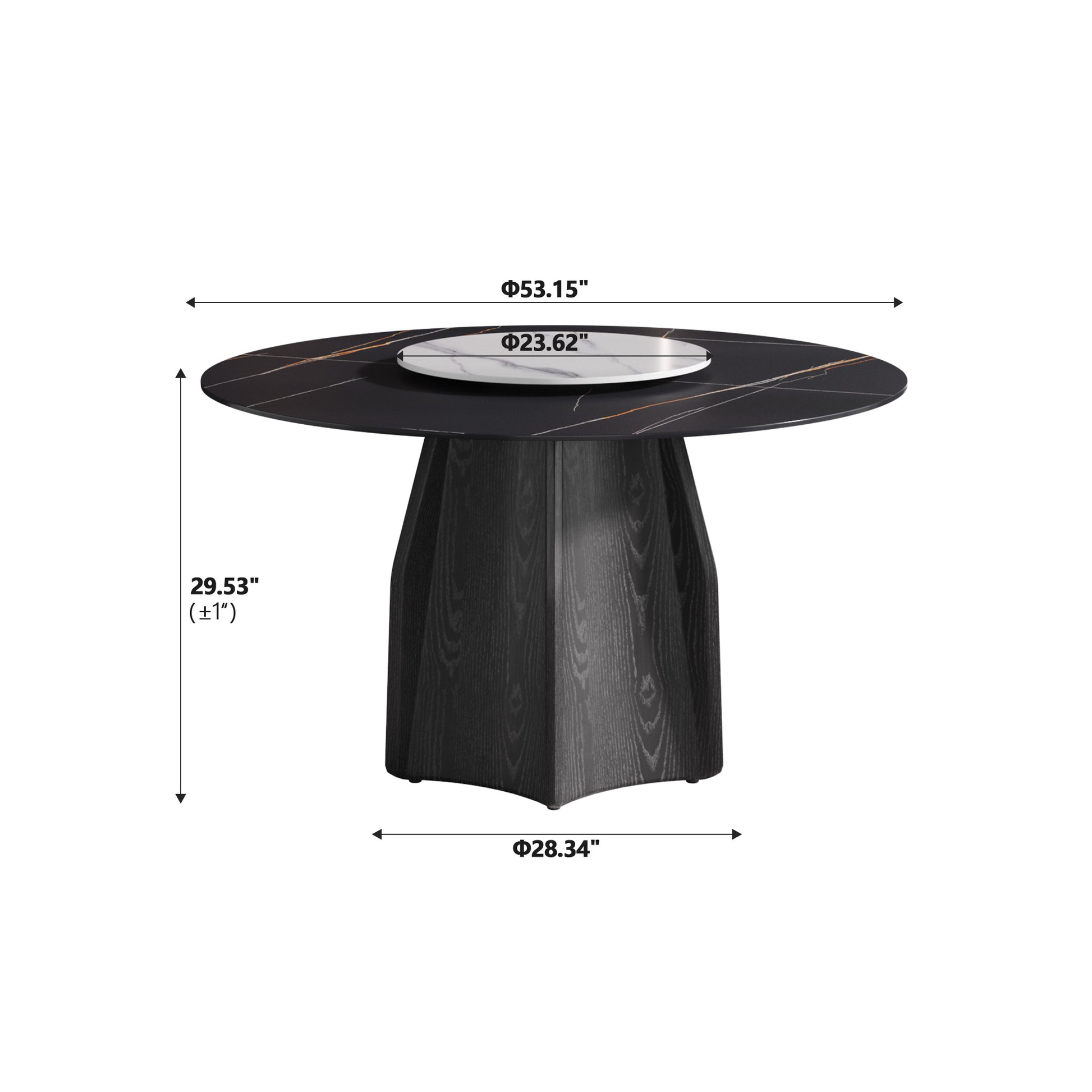 53" Round Marble Dining Table With Black Textured Solid Wood Base, Artificial Marble For 6 People, 23.62"White Artificial Stone Turntable,Black&White Dining Table Only Black,White Dining Room Modern