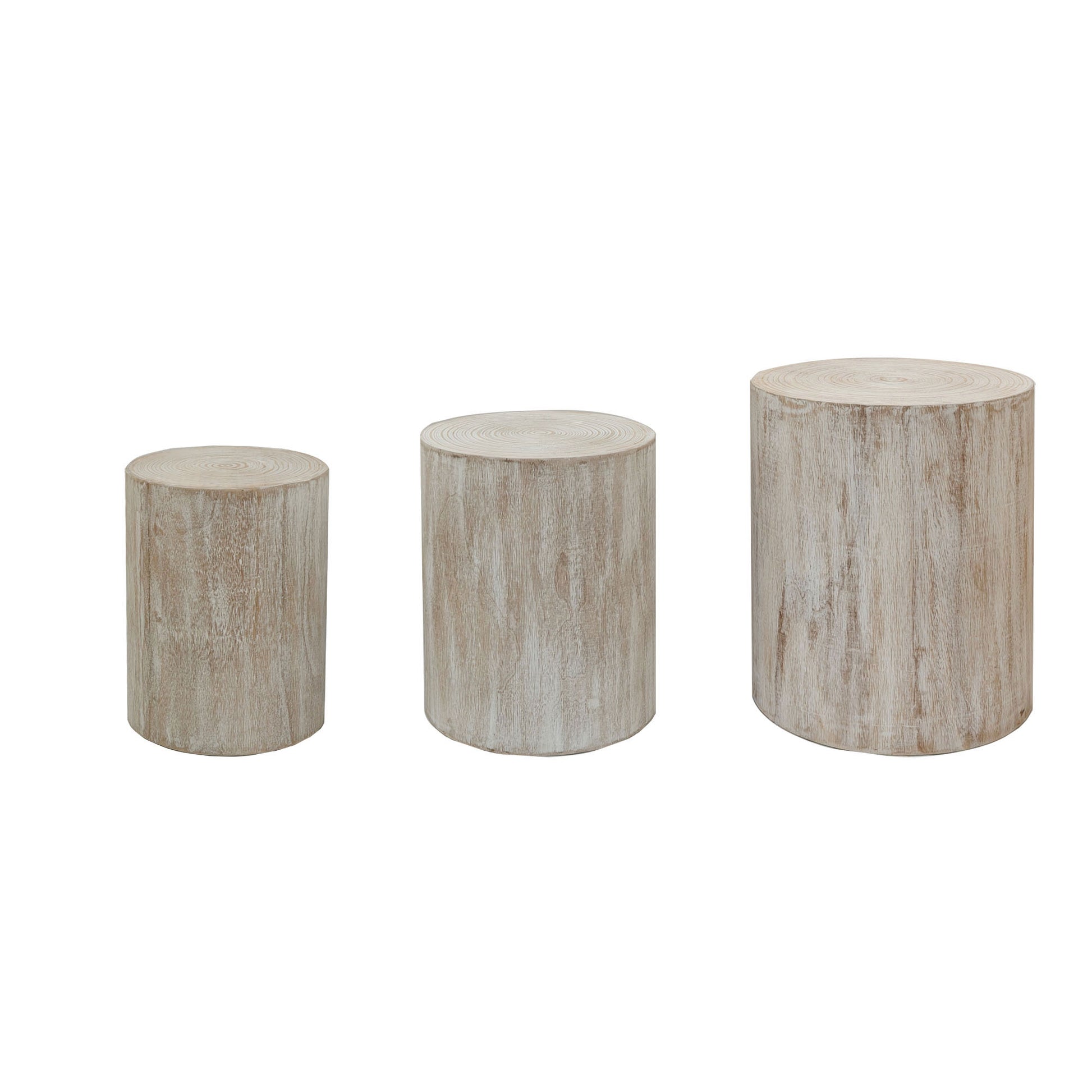 Set Of 3 Whitewash Wood Coffee Table With Clear And Visible Tree Rings White Distressed Finish Dining Room Fir Round Antique White,Natural Whitewash,White Washed,Wood Desk Top Modern,Rustic Floor Mount Round Open Storage Brushed Coffee & End Tables Wood