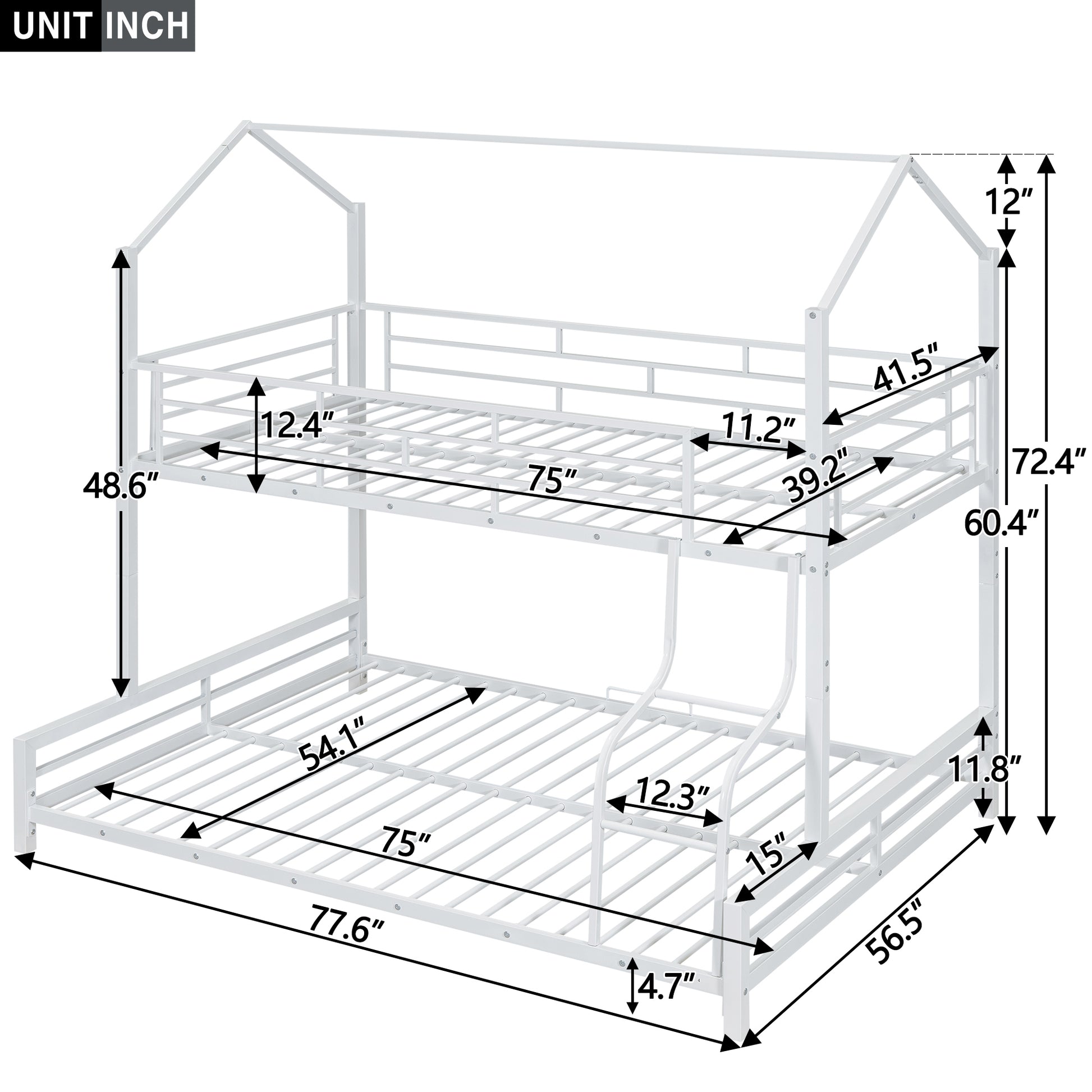 Metal House Bunk Bed, Twin Over Full, White Full White Metal