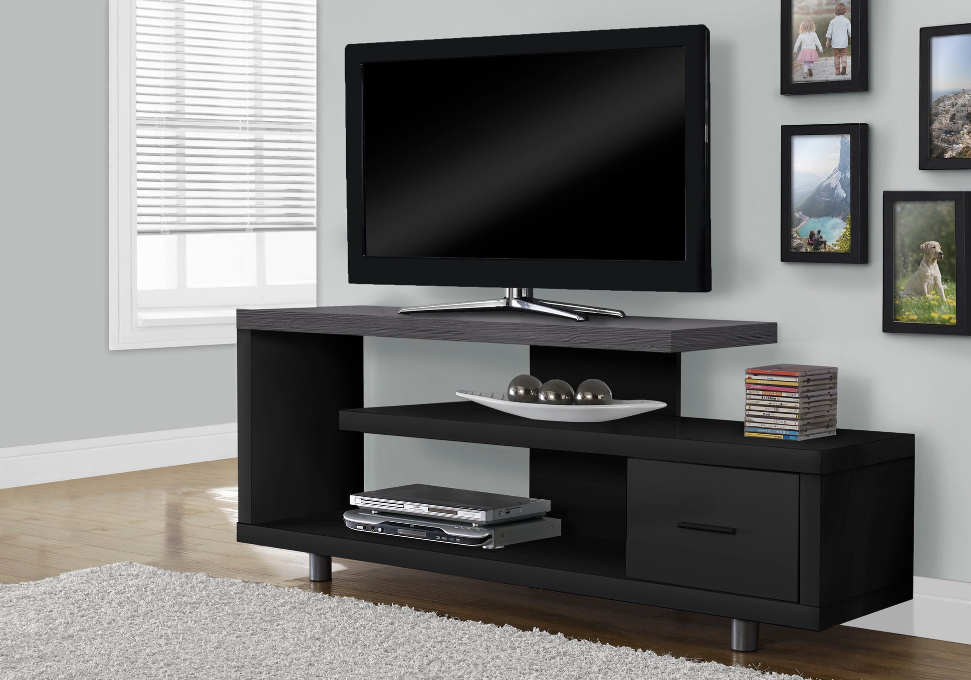 Tv Stand, 60 Inch, Console, Media Entertainment Center, Storage Cabinet, Living Room, Bedroom, Black And Grey Laminate, Contemporary, Modern Black 80 89 Inches Particle Board