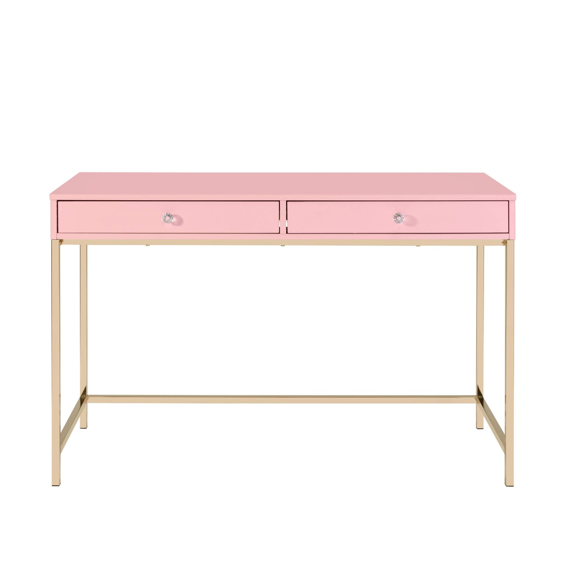 Pink High Gloss And Gold 2 Drawer Writing Desk Pink Writting Desk Office Rectangular Drawers Wood Metal