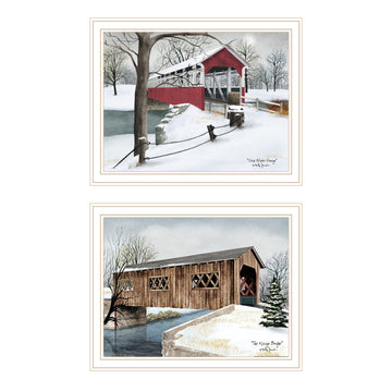 2 Piece Vignette Winter Covered Bridges White Framed Wall Art For Living Room, Bedroom Wall Art Print For Home Decor By Billy Jacobs Multicolor Wood Paper