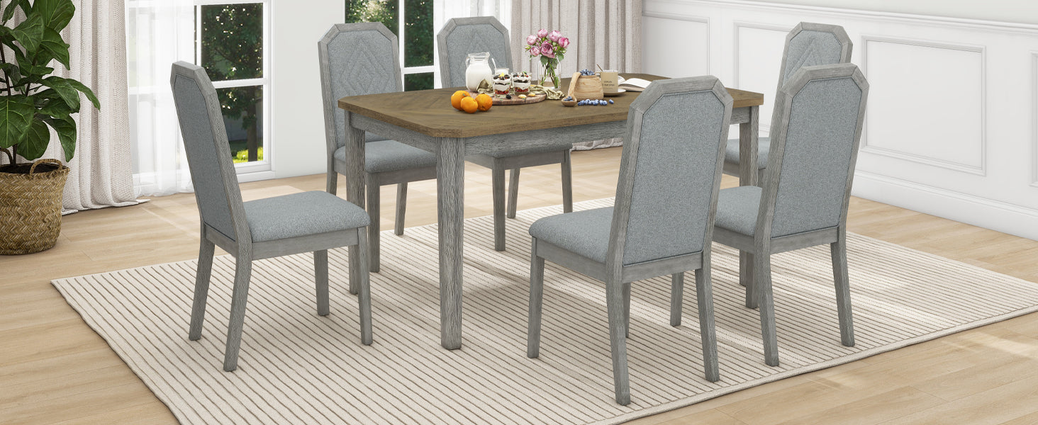 7 Piece Farmhouse Dining Set Classic Rustic Table And 6 High Back Design Chairs For Dining Room, Kitchen Brown Gray Brown Gray Solid Wood Mdf