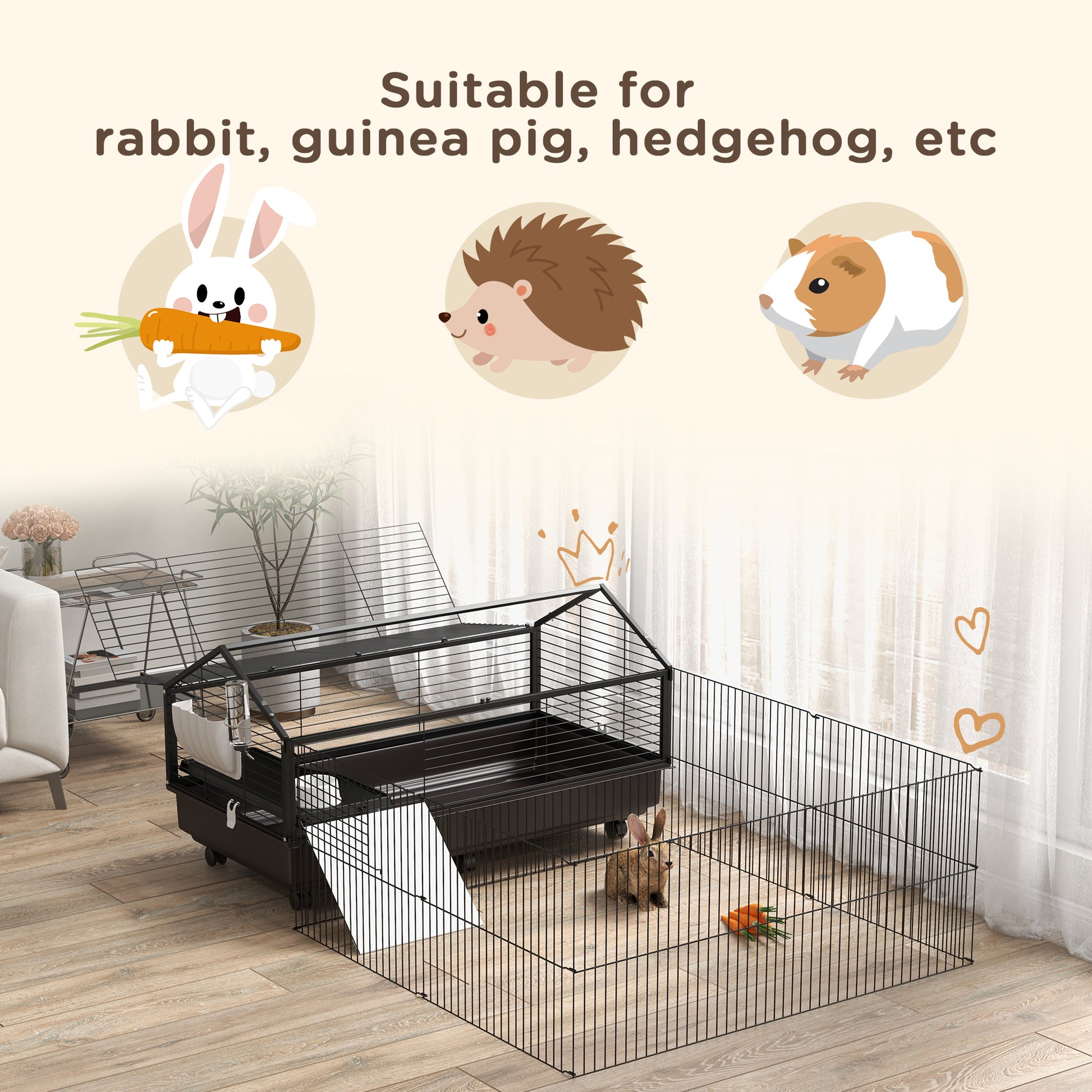 Pawhut Small Animal Cage With Foldable Run Area, Rolling Bunny Cage, Guinea Pig Cage, Hedgehog Cage With Water Bottle, Water Bowl, And Ramps, 46.5" Black Steel