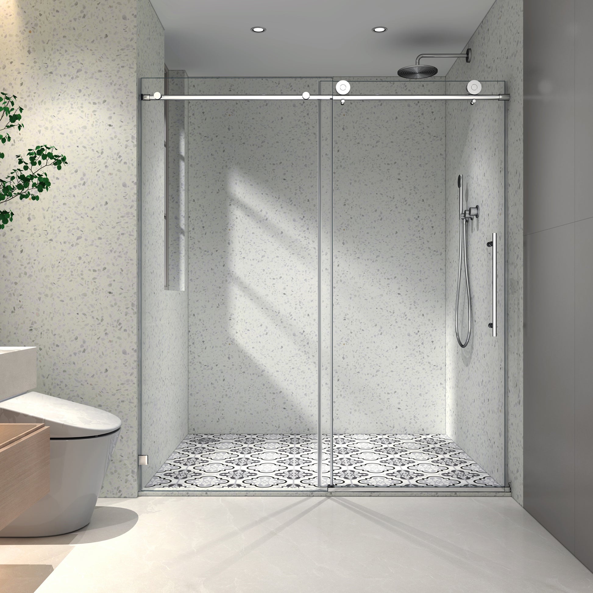 6076 Chrome Frameless One Fixed And One Shifted Shower Door, 70Mm 304 Stainless Steel Large Pulleys With Adjustable Soft Closing Function,With Nano Easy Cleaning And Stick Explosion Proof Menbrance Chrome Bathroom American Design,Minimalist Glass Metal