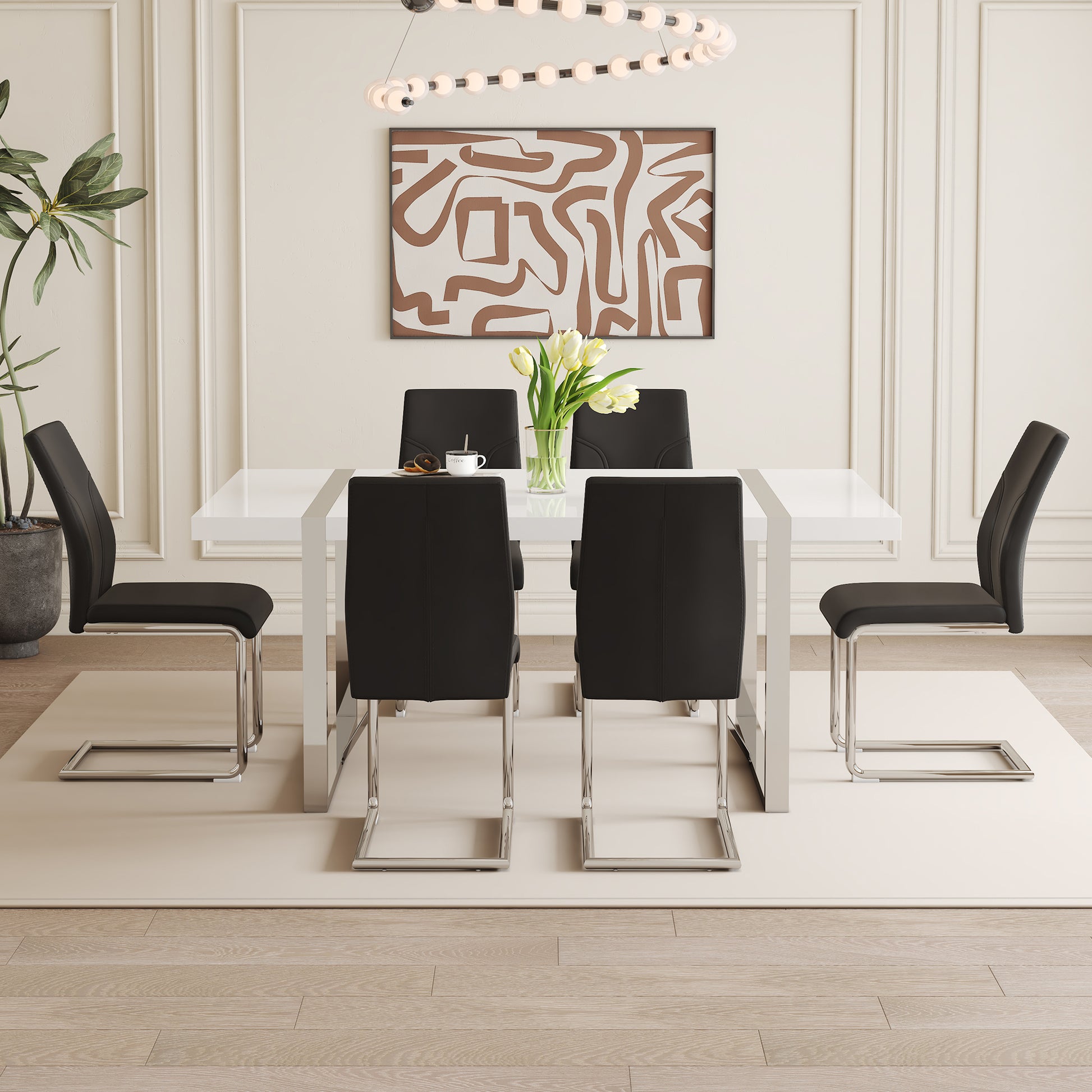 Table And Chair Set.71"X39.3" White Mdf Painting Dining Table Set With 6 Black Pu Chairs.Showcasing A Modern And Stylish Look.Suitable For Dining Room.Mdf Painting,Iron Pipe Plating,Pu Chiairs.