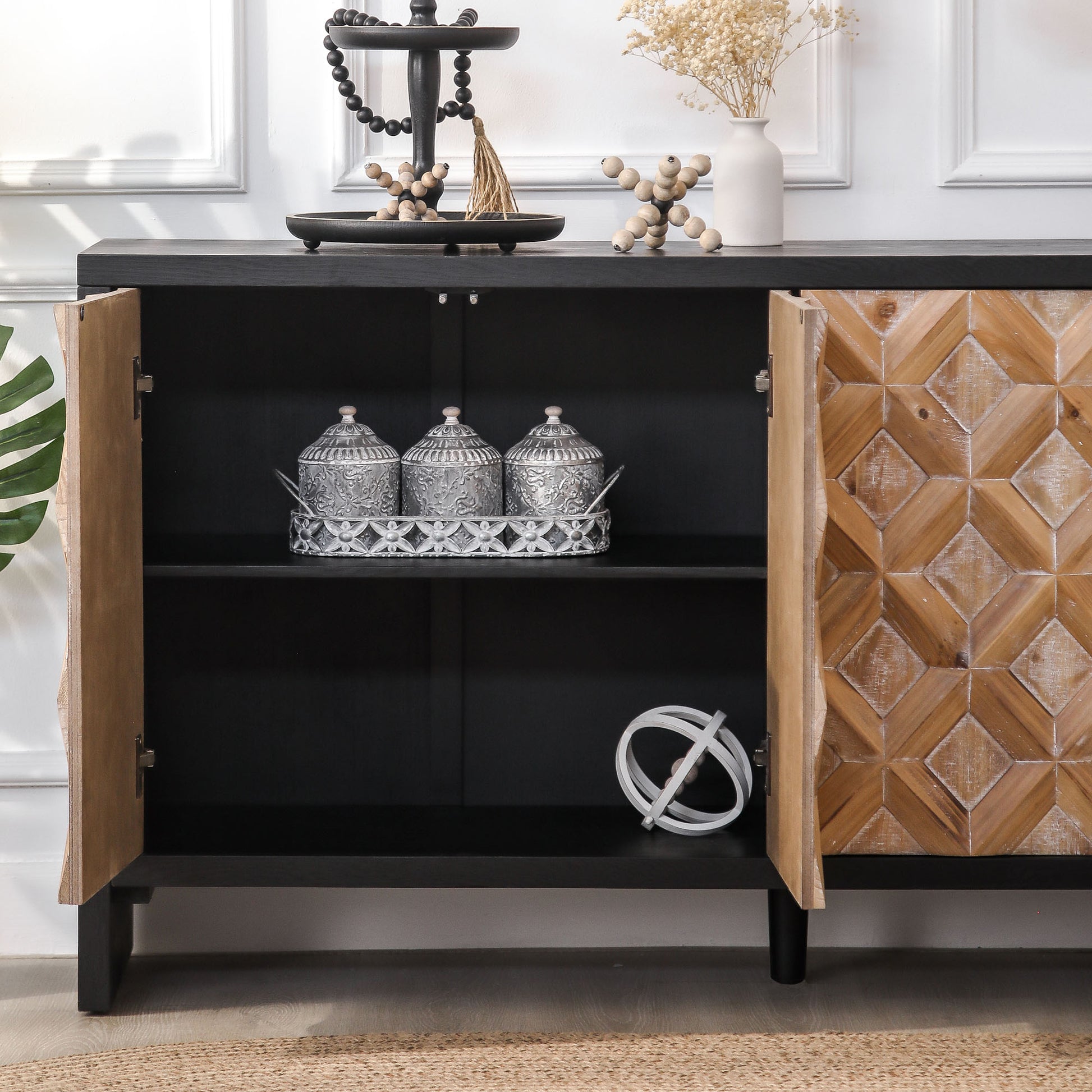 Rustic 4 Door Wood Cabinet With Geometric Pattern Modern Storage Solution For Any Space Standard 1 2 Shelves Powder Coated Black Natural Primary Living Space Adjustable Shelves Wood