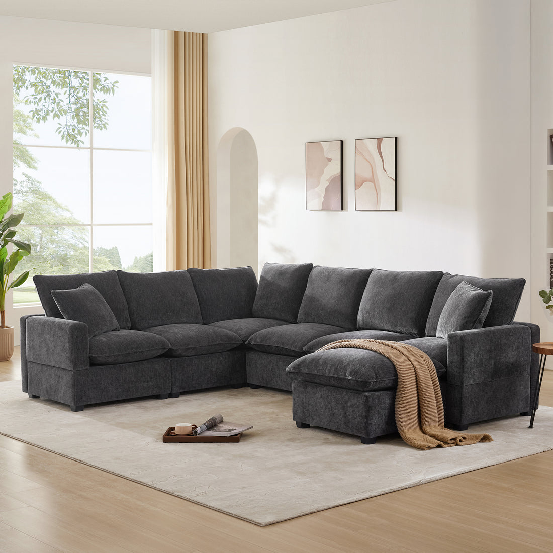 110*84" Modern U Shape Modular Sofa, 7 Seat Chenille Sectional Couch Set With 2 Pillows Included, Freely Combinable Indoor Funiture For Living Room, Apartment, Office, 2 Colors Black Grey Chenille 7 Seat