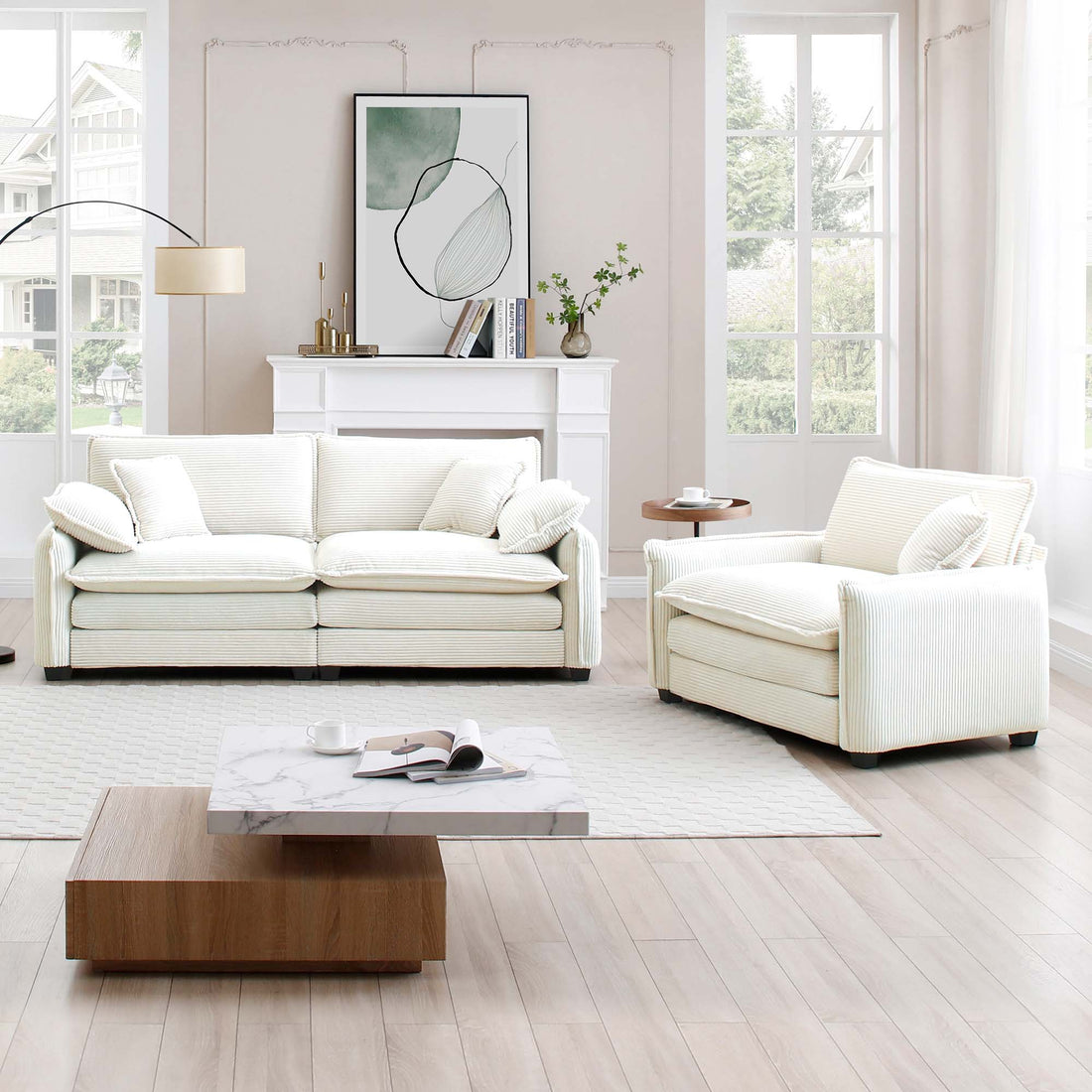 Modern Living Room Sofa Two Pieces Set, Suitable For Living Room And Small Apartment2 Pieces Sofa Set Consists Of A Single Seat Sofa And A 2 Seater Sofas, Beige Corduroy Beige Corduroy 3 Seat