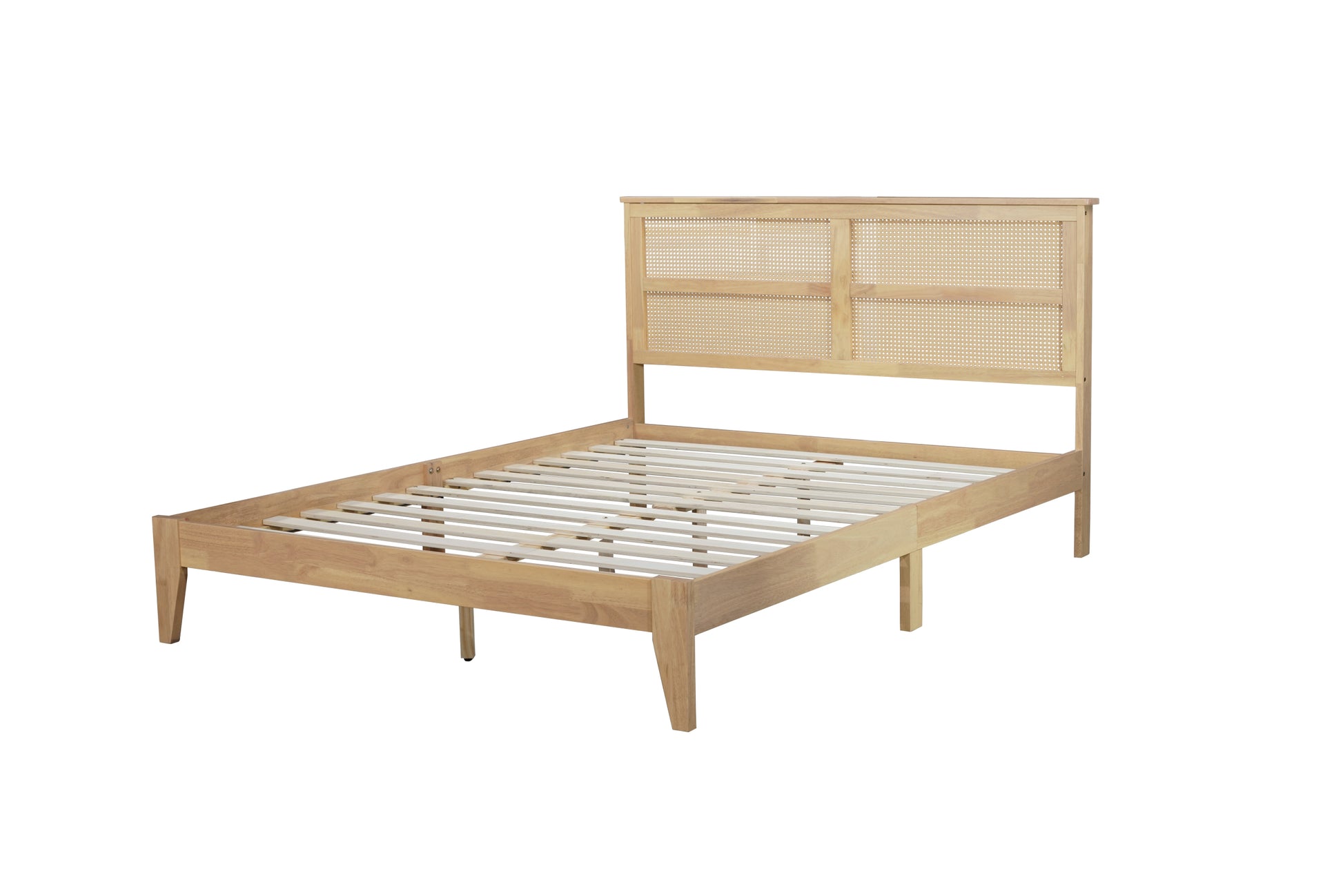 Queen Size Rubber Wooden, Solid Wooden Bed With Rattan Headboard, Enhanced By Support Feet Queen Natural American Design Rubber Wood