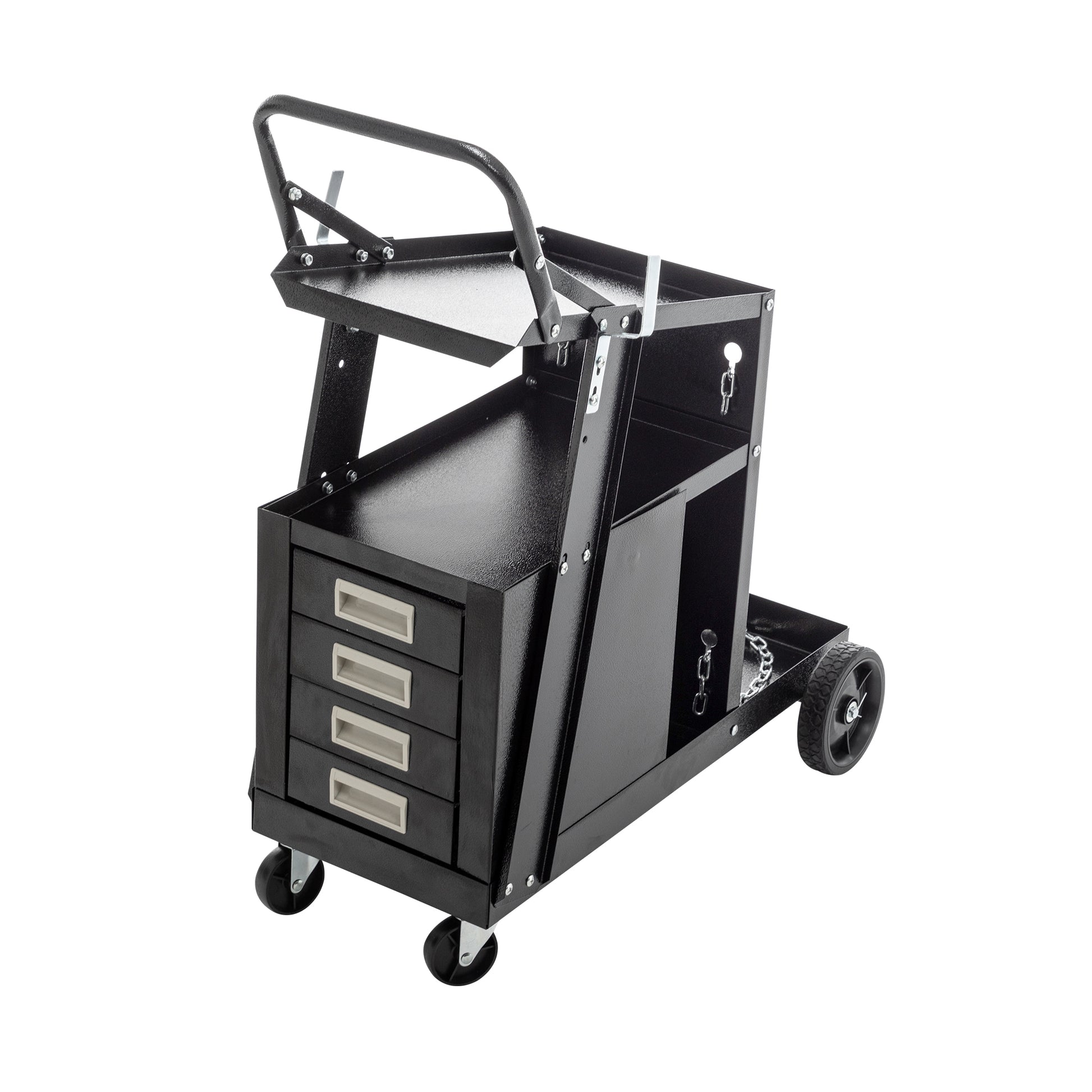 2 Tier 4 Drawers Welding Cart, Welder Cart With 265Lbs Static Weight Capacity, 360 Swivel Wheels, Tank Storage Safety Chains, Heavy Duty Rolling For Mig Welder And Plasma Cutter Black Metal