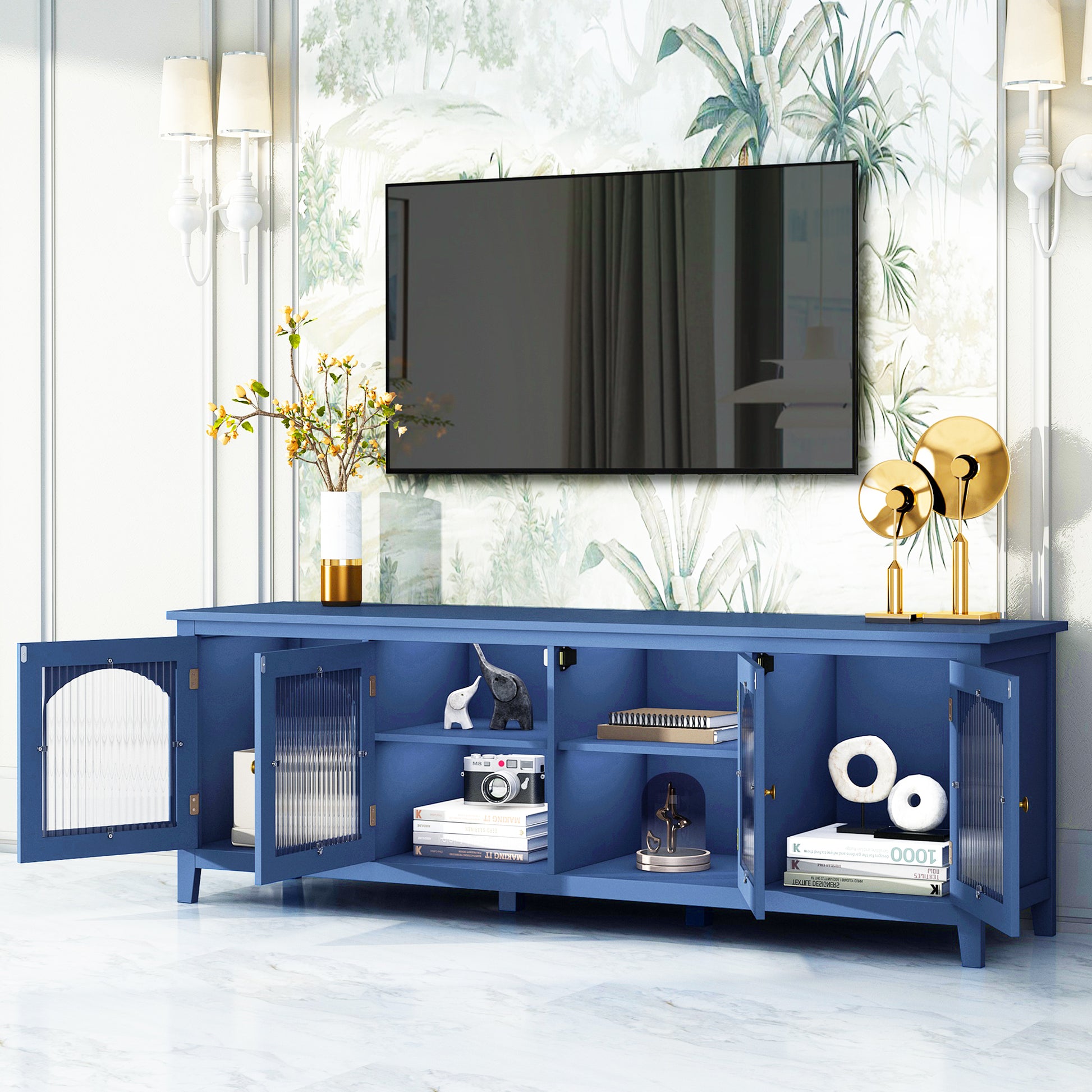 71 Inch Stylishtvcabinet Entertainment Centertv Stand,Tvconsoletable, Media Console,Solidwood Frame,Changhong Glass Door,Metal Handle,Antique Blue,For The Children'S Room,Bedroom Living Room Antique Blue Primary Living Space 70 79 Inches 70 79 Inches