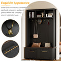 Versatile 4 In 1 Hall Tree With 6 Golden Hooks, Brown Wood Grain Bench With Multiple Storage Space, Entryway Coat Rack With 2 Drawers For Living Room, Hallway, Black, 47.2''W*76.6''H Black Primary