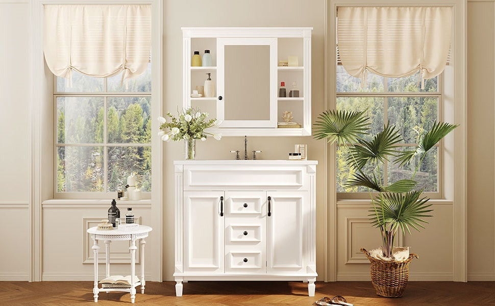 36'' Bathroom Vanity With Top Sink, White Mirror Cabinet, Modern Bathroom Storage Cabinet With 2 Soft Closing Doors And 2 Drawers, Single Sink Bathroom Vanity White Bathroom Mdf