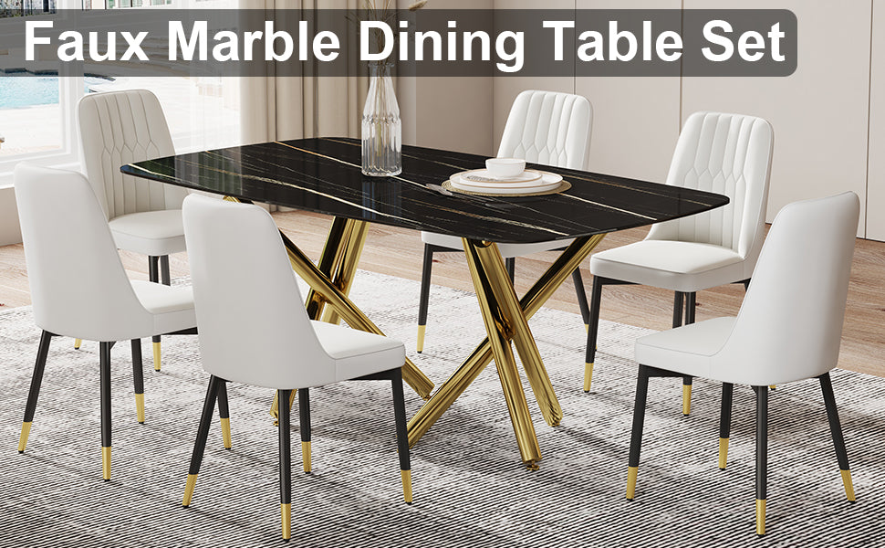 Large Modern Minimalist Rectangular Dining Table With 0.39 "Imitation Marble Black Desktop And Gold Metal Legs, Paired With 6 Chairs With Pu Cushions And Black Metal Legs.F 1538 C 007 Black Gold Glass Metal