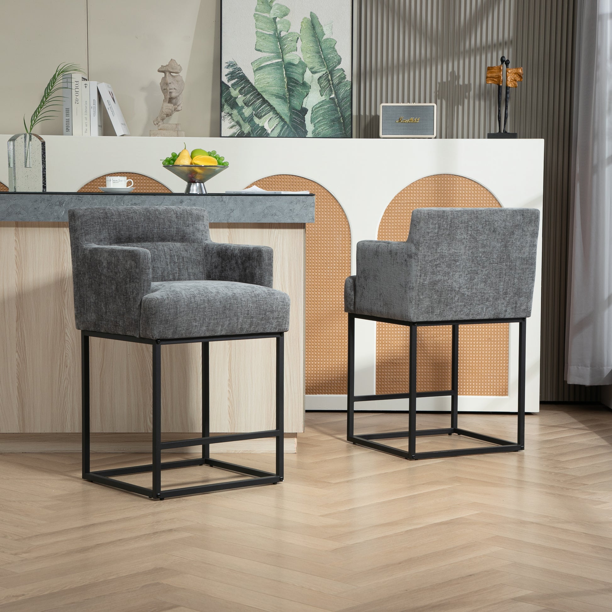 Coolmore Counter Height Bar Stools Set Of 2, Modern Barrel Bar Stool With Backrest And Arms, Black Metal Frames, Upholstered Bar Stools For Kitchen Island, Pub, Club Gray Foam Chenille