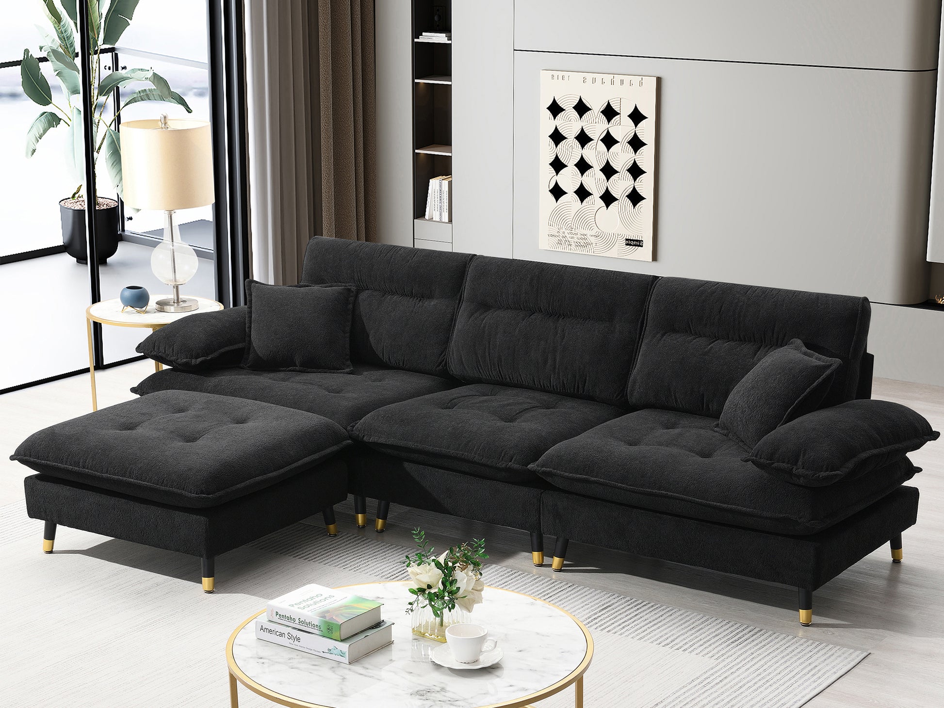 106*66.5" L Shaped Convertible Sectional Sofa,4 Seat Tufted Couch Set With Two Tone Adjust Legs,Cloud Chenille Fabric,Movable Ottoman For Living Room, Apartment,Office,3 Colors Black Chenille 4 Seat