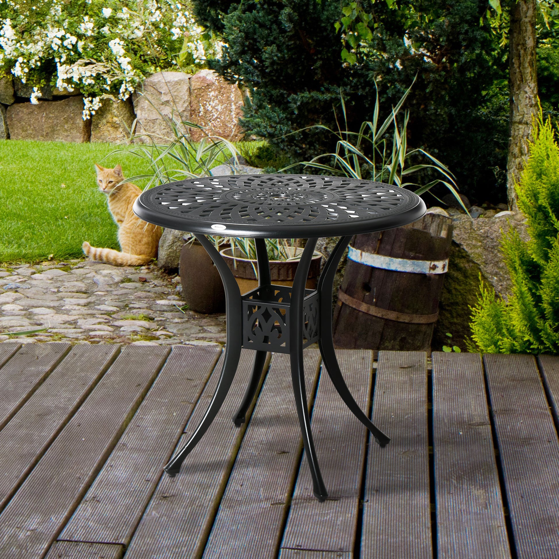 Outsunny 30" Round Patio Dining Table With Umbrella Hole, Antique Cast Aluminum Outdoor Bistro Table Only, Black Black Aluminium