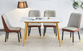 Table And Chair Set.A Morden Table With White Imitation Marble Patterned Stone Burning Tabletop With Golden Metal Legs.Paried With 4 Chairs With Pu Leather Backrest And Black Metal Legs. Grey Brown,White Gold Seats 4 Metal,Sintered Stone