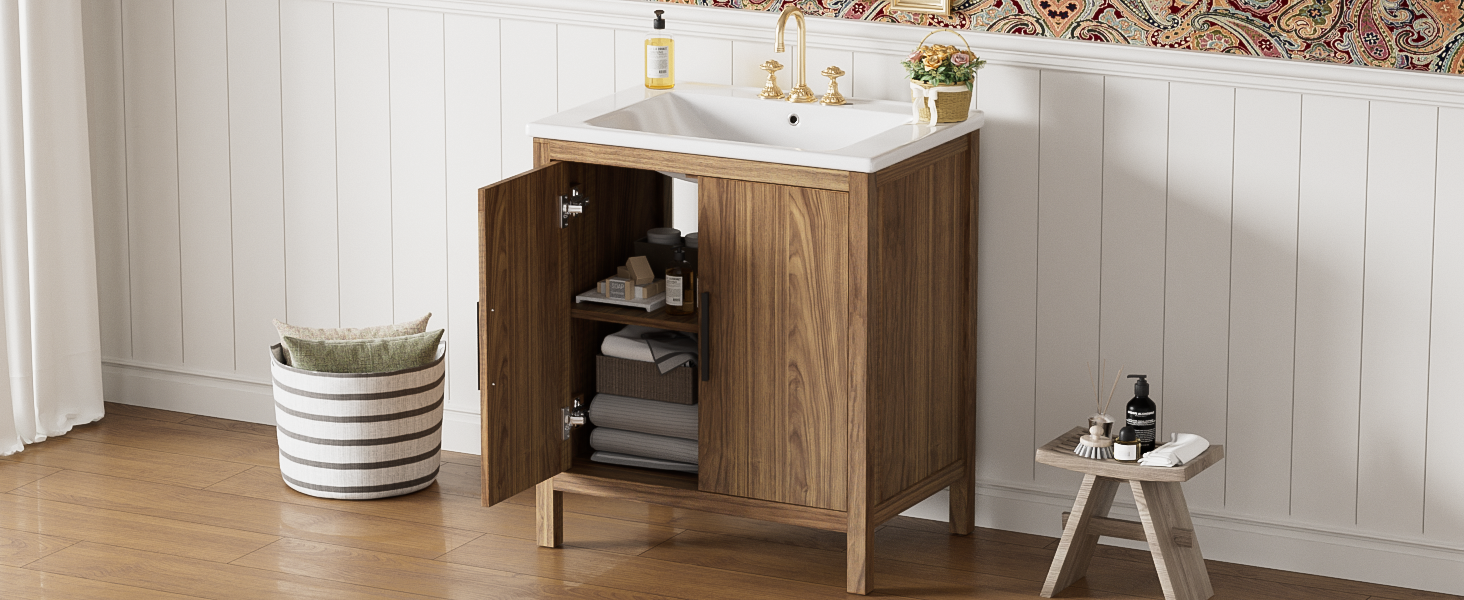30" Wood Color Bathroom Vanity With Single Sink, Combination Under Counter Sink, Bathroom Storage Cabinet With Soft Closing Door, Multi Function Storage, Solid Wood Frame Wood Bathroom Solid Wood Mdf