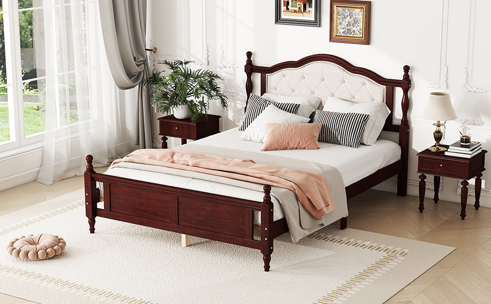 Queen Pine Wooden Bed With Upholstered Headboard And Panel Footboard, With Two Bed Rail Support Feet And Central Platform Support Feet ,Classic Cherry Queen Cherry Pine