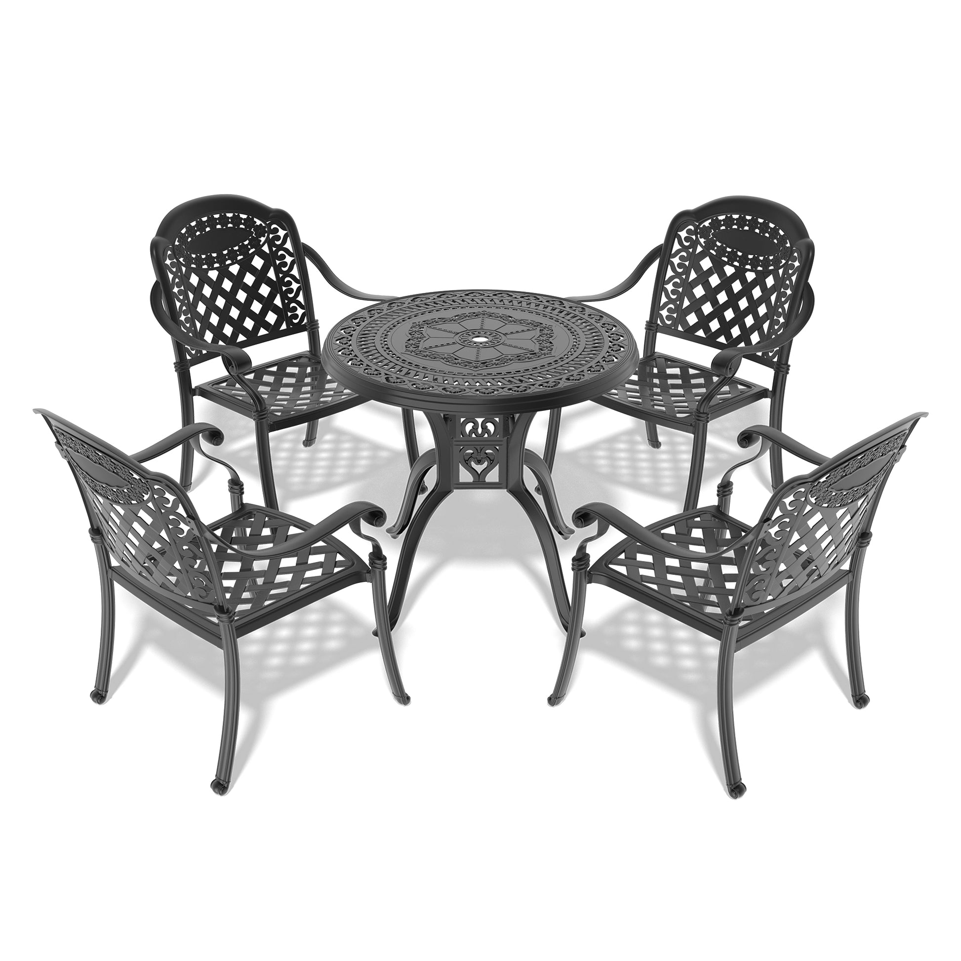 Cushions In Random Colors 5 Piece Set Of Cast Aluminum Patio Furniture With Cushions Yes Dining Set Black Seats 4 Rust Resistant Frame Water Resistant Cushion Garden & Outdoor Complete Patio Sets