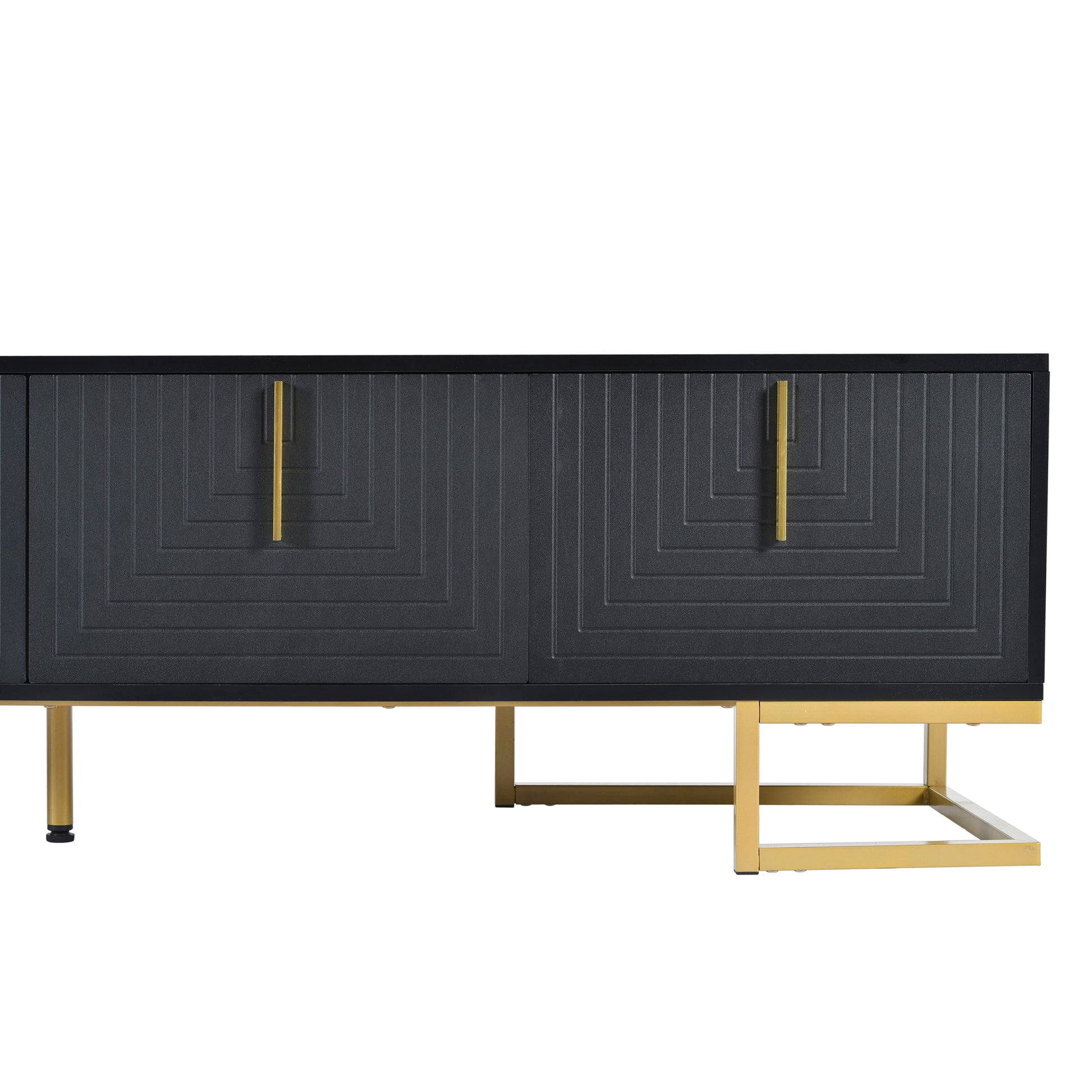 Modern Tv Stand With Metal Legs And Gold Handles For Tvs Up To 80'', Media Console Table With Cabinets And Adjustable Shelves, Luxury Tv Cabinet With Geometric Lines For Living Room, Black Black Gold Primary Living Space 80 89 Inches 80 89 Inches 80