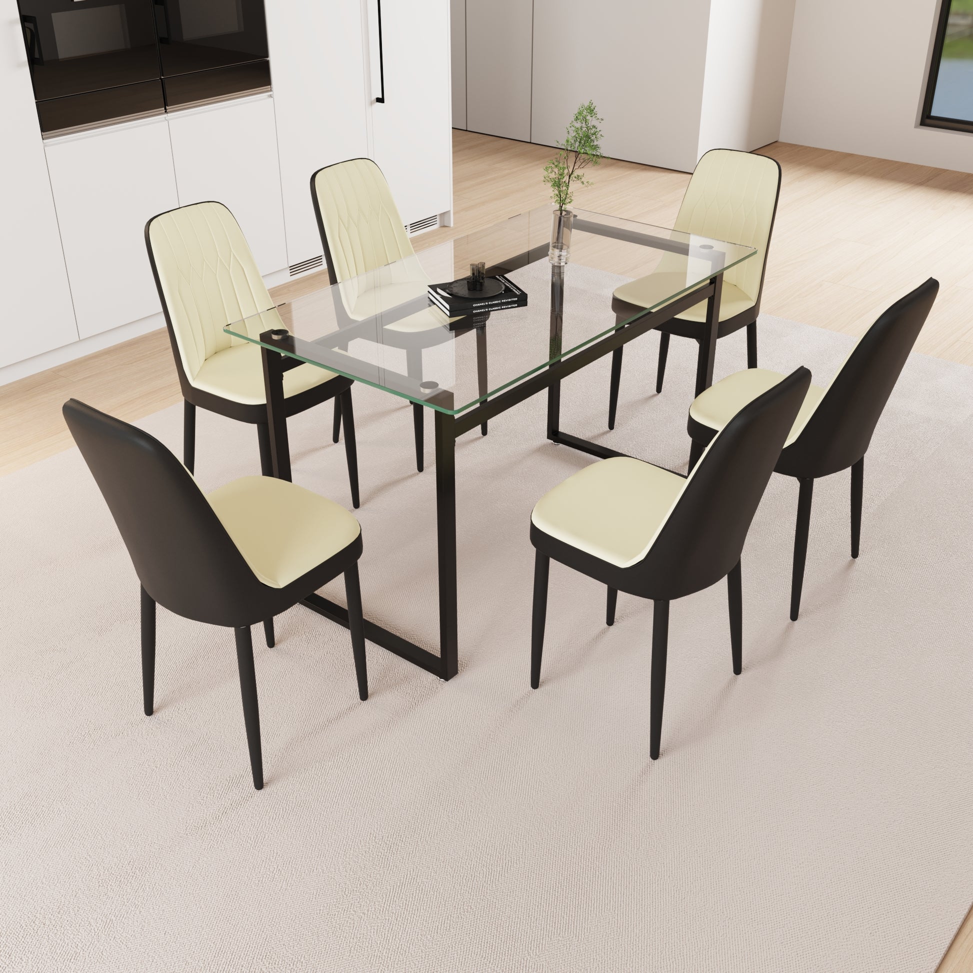 51" 6 Person Glass Dining Table Set, Kitchen Set With Black Metal Leg Dining Table And Chairs, Modern Rectangular Tempered Glass Tabletop And Dining Room Thick Cushioned Pu Dining Chair Beige Black