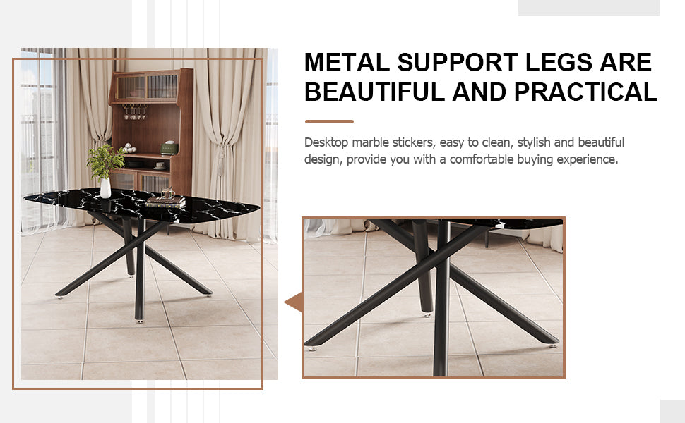 1 Table And 8 Chairs Set.A Rectangular Dining Table With A Imitation Marble Black Table Top And Black Metal Legs.Paired With 8 Chairs With Pu Leather Seat Cushion And Black Metal Legs.F 1537,C 007 Grey Glass Metal