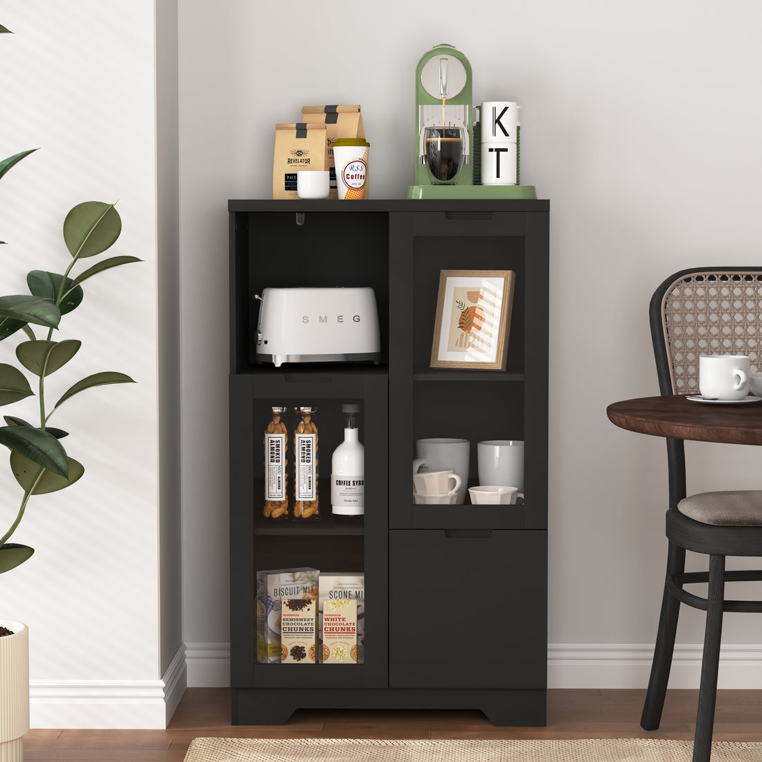 Wooden Floor Cabinet With 2 Glass Doors And 2 Storage Space,Black ,Living Room Bathroom Entryway Black Mdf