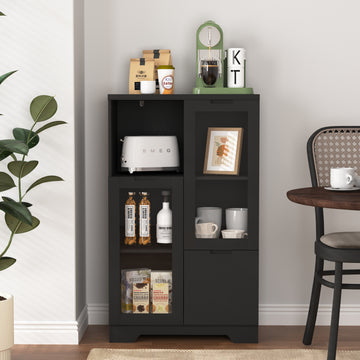 Wooden Floor Cabinet With 2 Glass Doors And 2 Storage Space,Black ,Living Room Bathroom Entryway Black Mdf