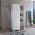 Misuri Wardrobe Armoire With Double Door, Drawer, Hanging Rod, And Open Shelves White White Particle Board