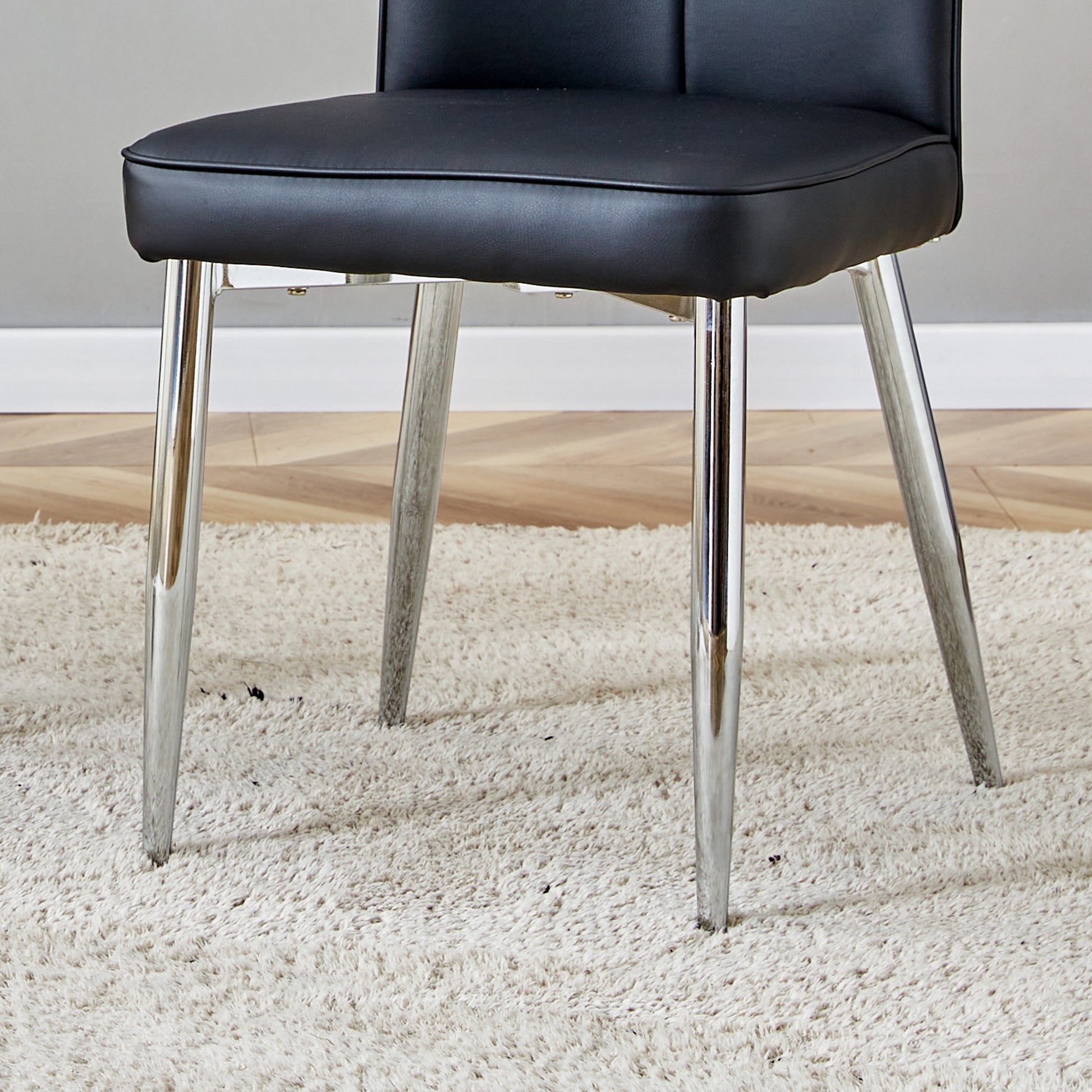 Table And Chair Set.63"X31.5X30" Black Marble Patterned Slabs Tabletop With Stainless Steel Butterfly Legs.Paired With 6 Black Pu Dining Chairs With A Vertical Stripe Design On The Backrest. Black