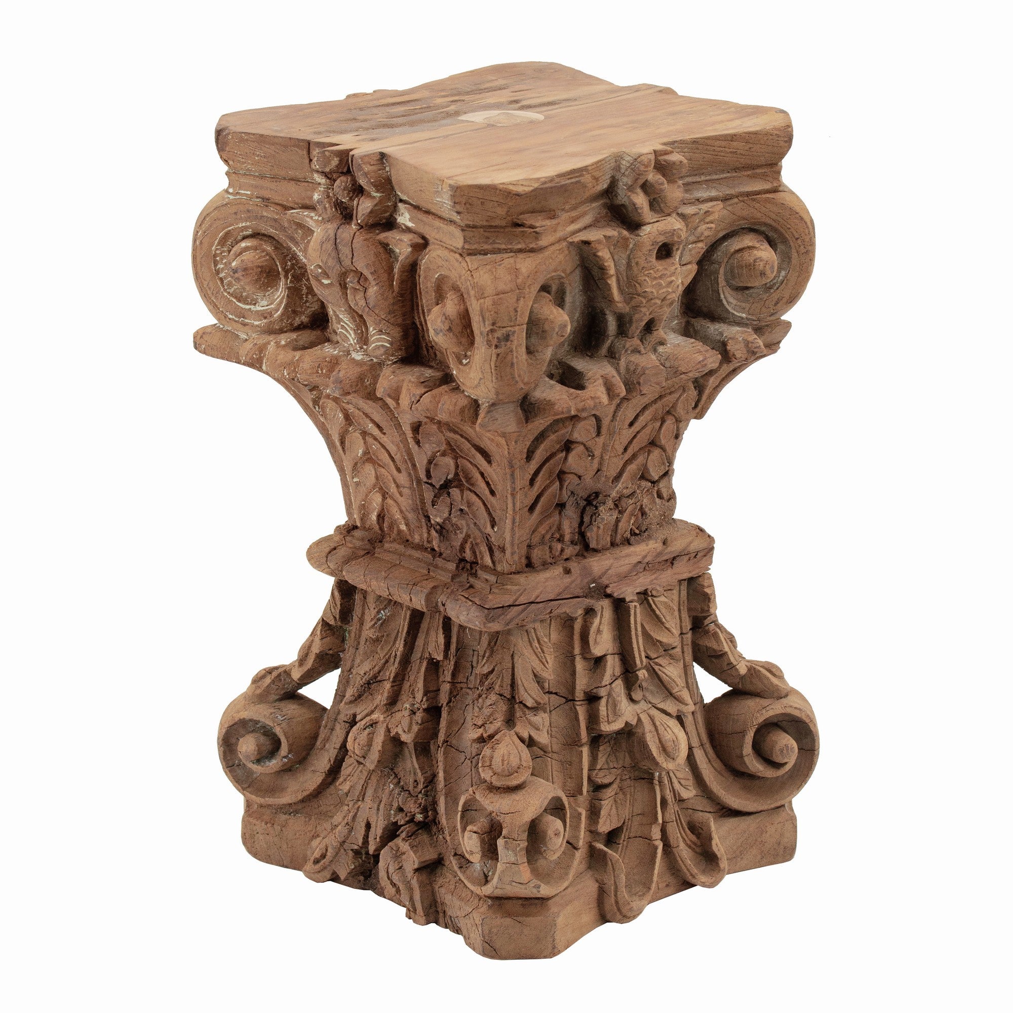 19 Inch Classic Stool Table, Carved Pillar Accent, Wood, Antique Brown Antique Brown Wood