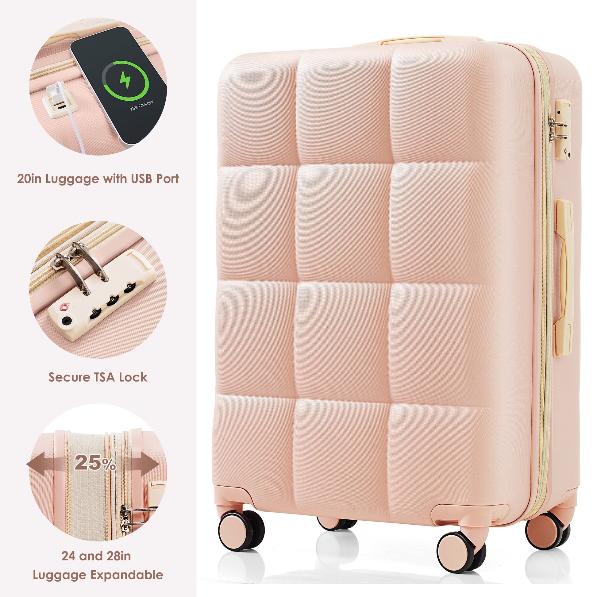 Luggage Set Of 3, 20 Inch With Usb Port, Airline Certified Carry On Luggage With Cup Holder, Abs Hard Shell Luggage With Spinner Wheels, Pink Pink Abs