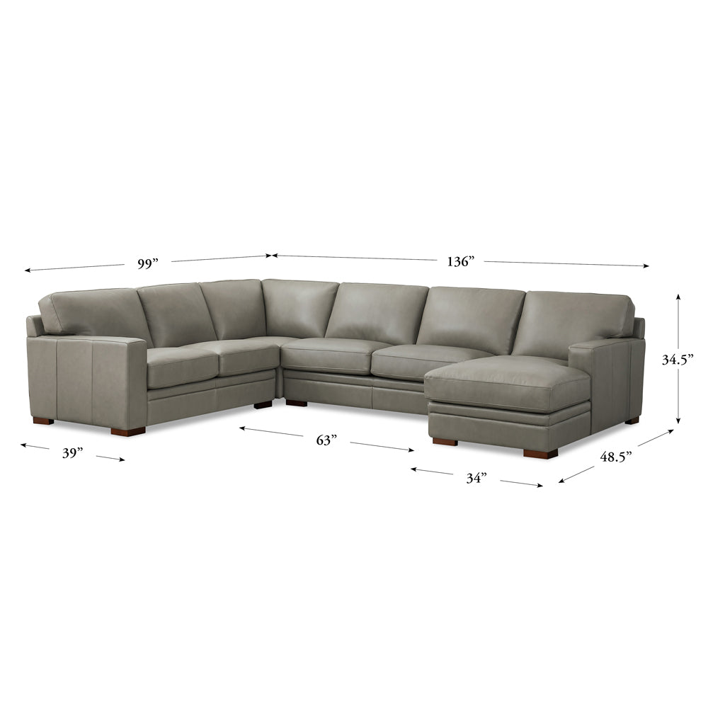 Dillon Leather Right Chaise Sectional Gray Genuine Leather Wood Primary Living Space Medium Firm Cushion Back Mid Century Modern U Shaped Eucalyptus Square Arms Down Filling Leather 6 Seat