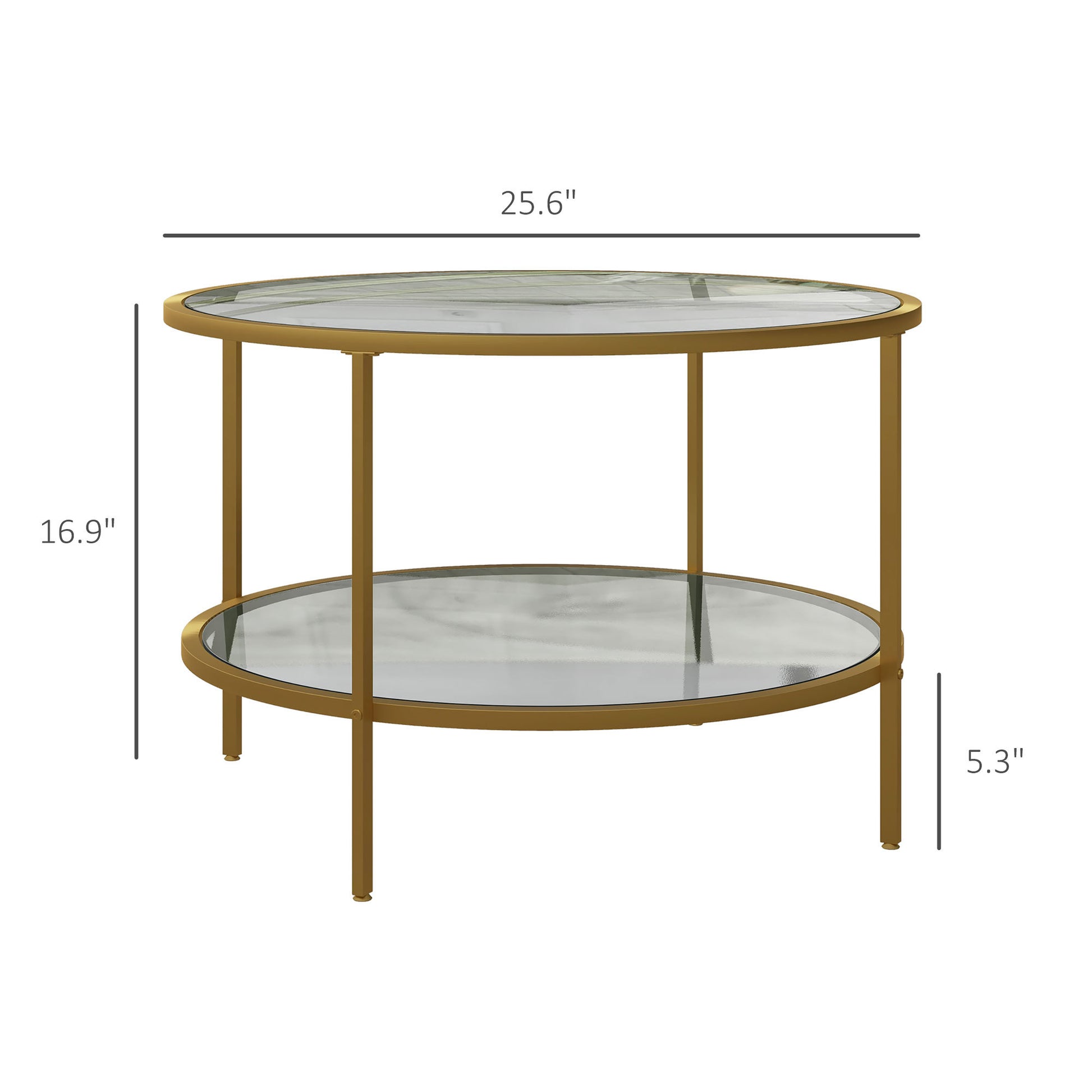 Homcom Side Table With Storage, 26" Round End Table, 2 Tier Tempered Glass Coffee Table With Steel Frame For Living Room, Gold Gold Glass Metal